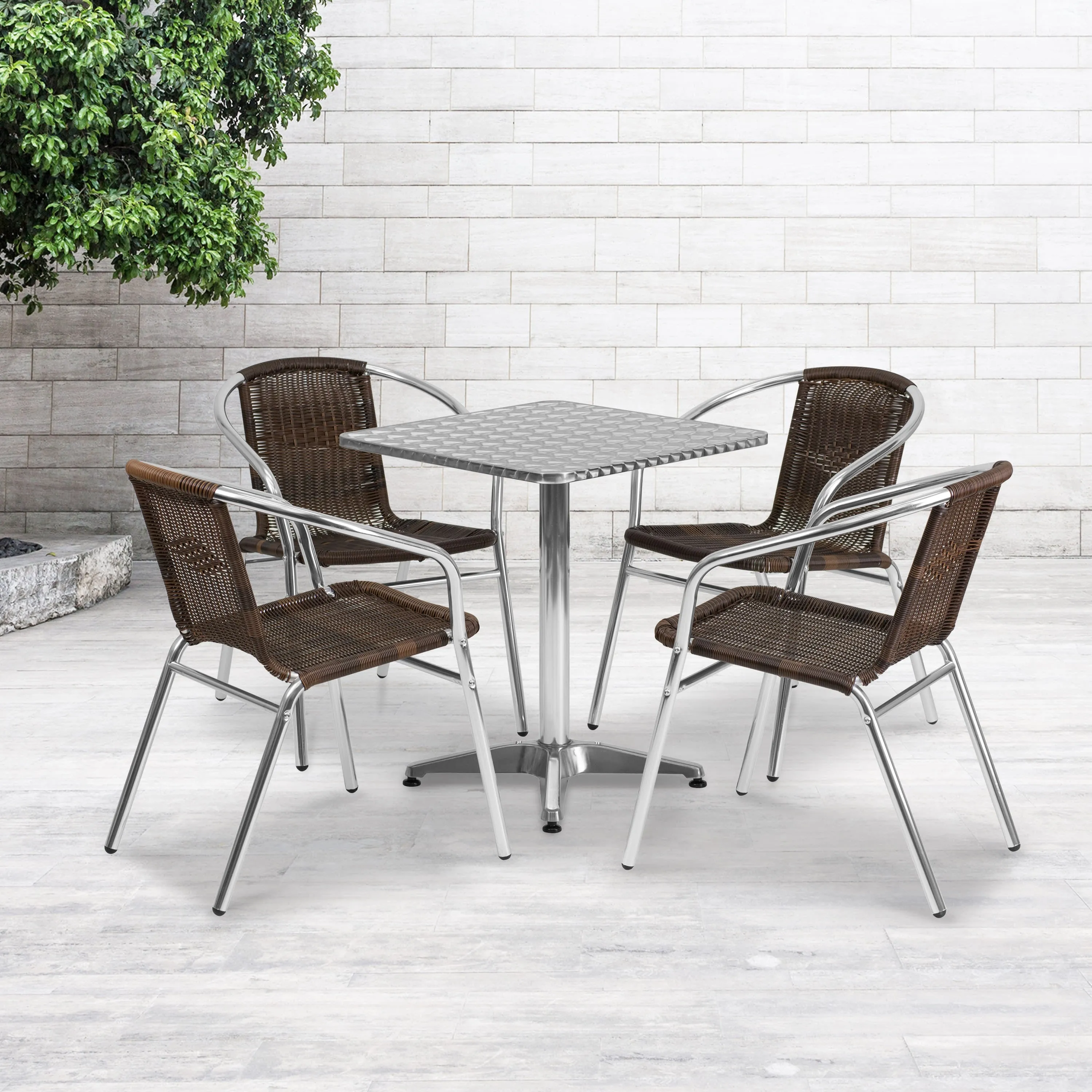 Lila 23.5'' Square Aluminum Indoor-Outdoor Table Set with 4 Rattan Chairs