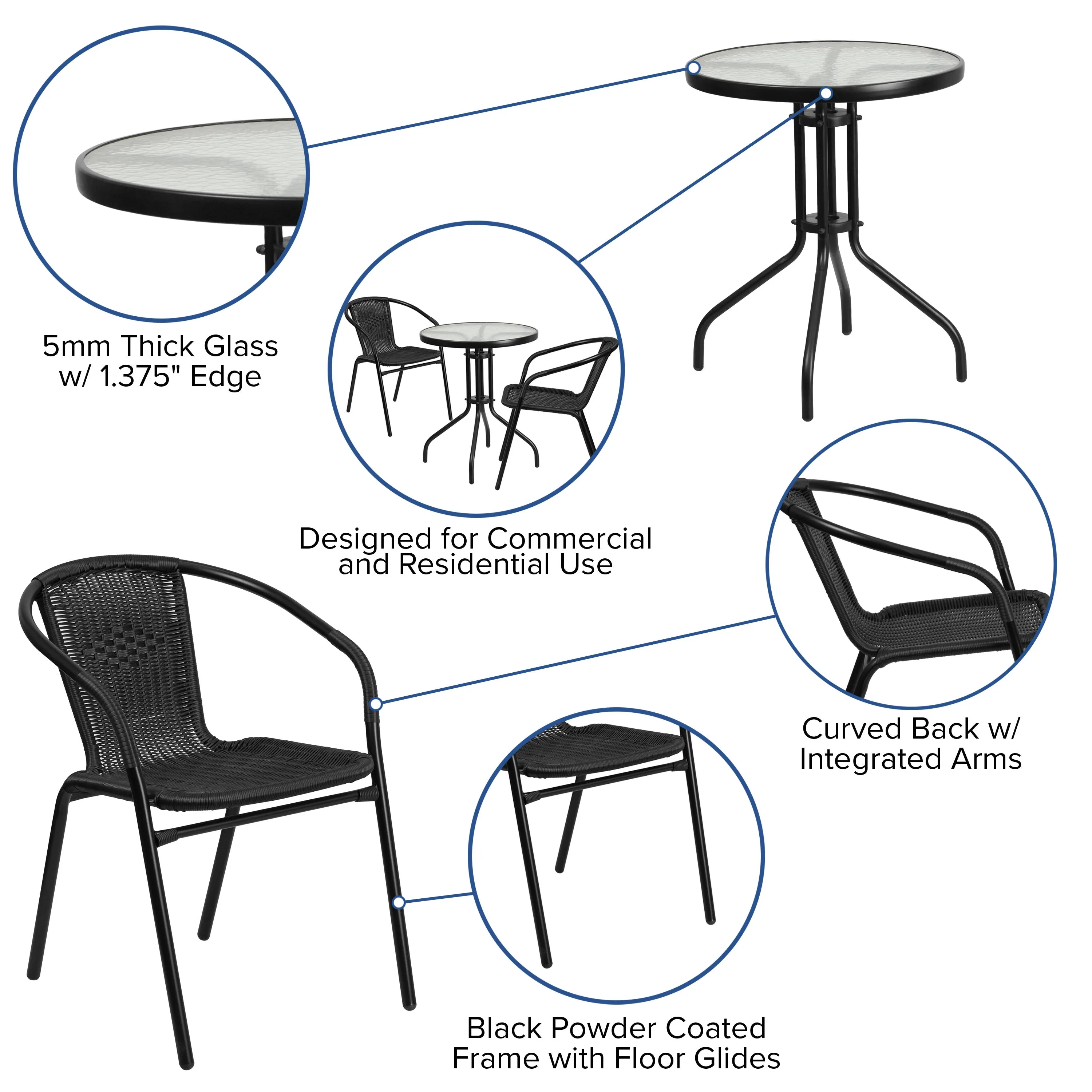 Lila 23.75'' Round Glass Metal Table with 2 Rattan Stack Chairs