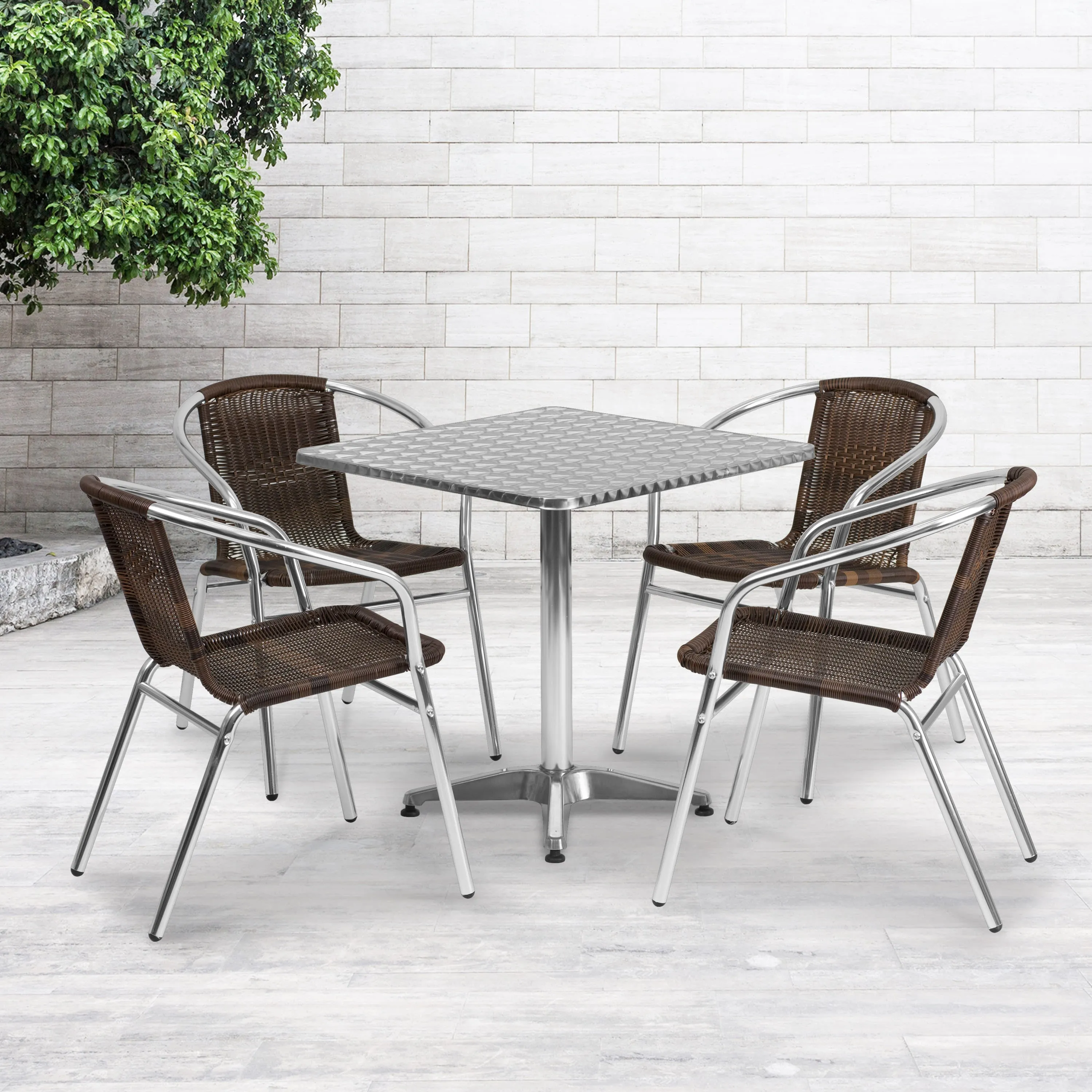 Lila 27.5'' Square Aluminum Indoor-Outdoor Table Set with 4 Rattan Chairs