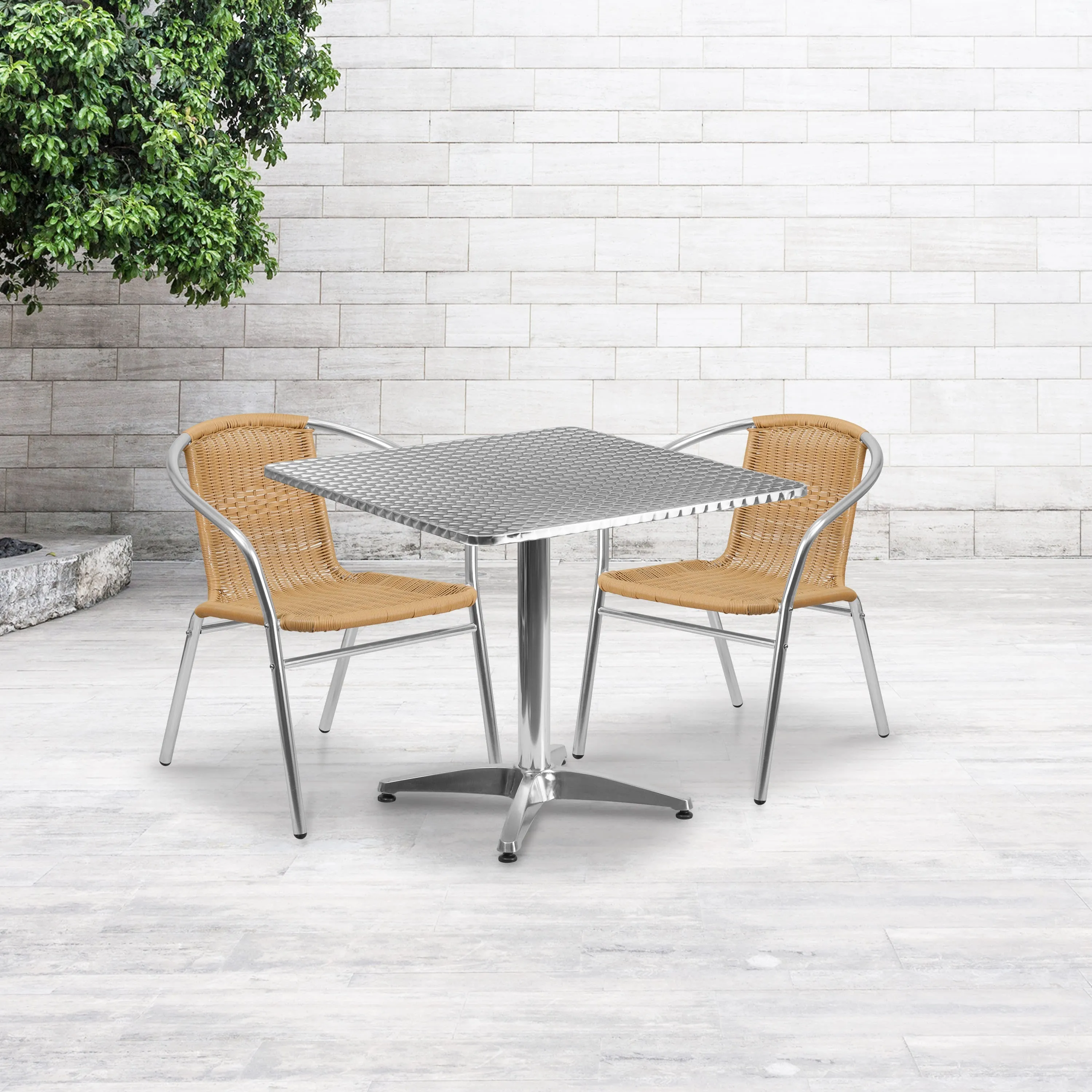 Lila 31.5'' Square Aluminum Indoor-Outdoor Table Set with 2 Rattan Chairs