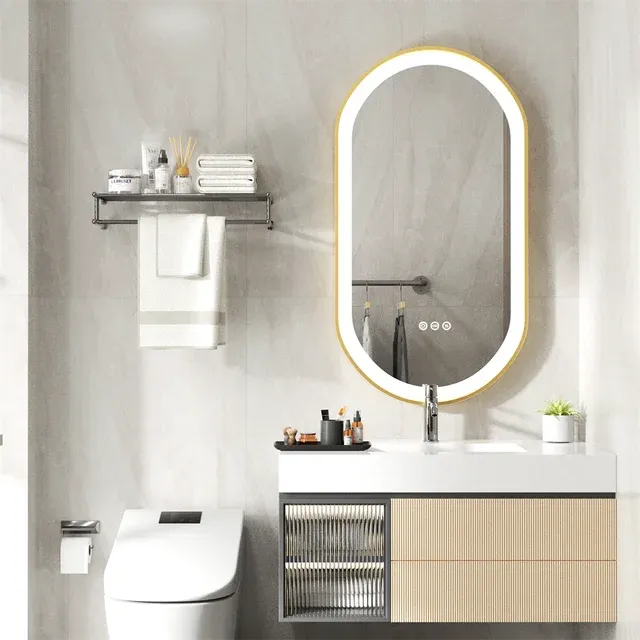 Luxury Oval LED Illuminated Bathroom Mirror with Demister Pad - Gold Aluminum Frame