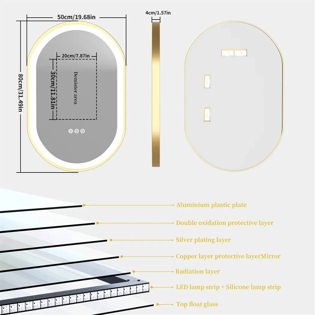 Luxury Oval LED Illuminated Bathroom Mirror with Demister Pad - Gold Aluminum Frame