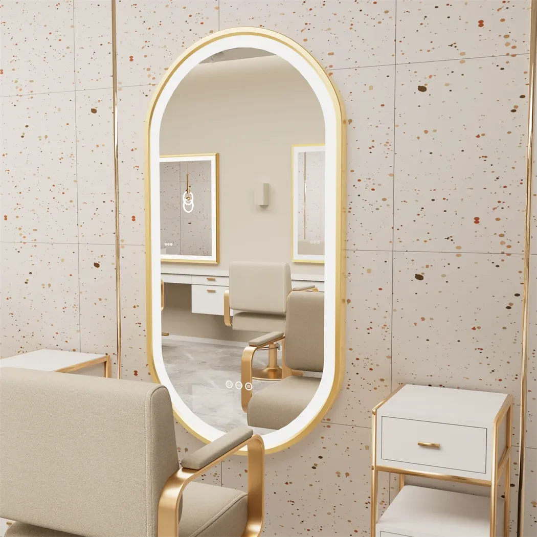 Luxury Oval LED Illuminated Bathroom Mirror with Demister Pad - Gold Aluminum Frame