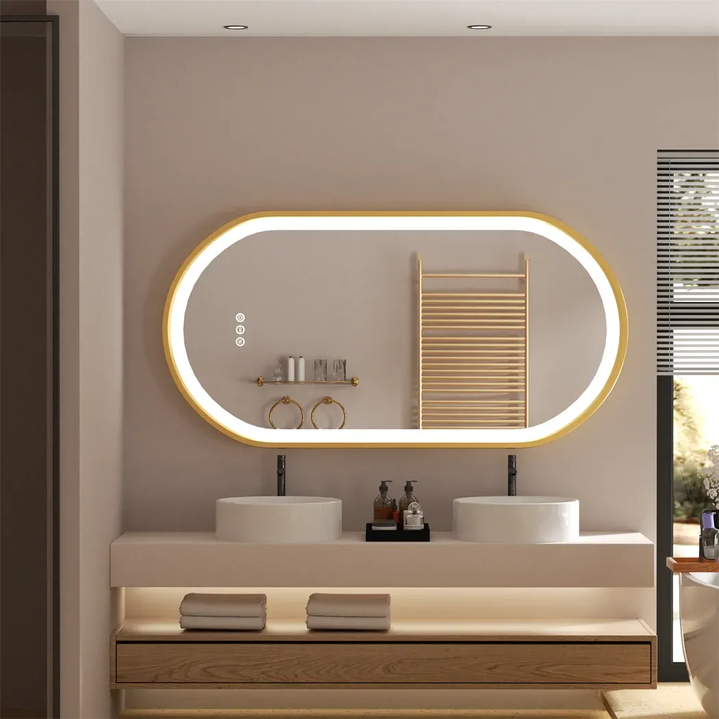 Luxury Oval LED Illuminated Bathroom Mirror with Demister Pad - Gold Aluminum Frame