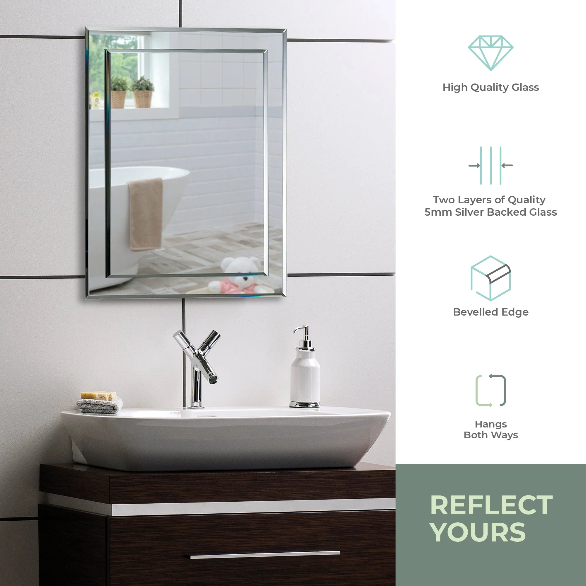 Lynne Rectangular Wall Plain Bathroom Mirror 2 Sizes: Sizes-50Hx40Wcm and 70Hx50Wcm