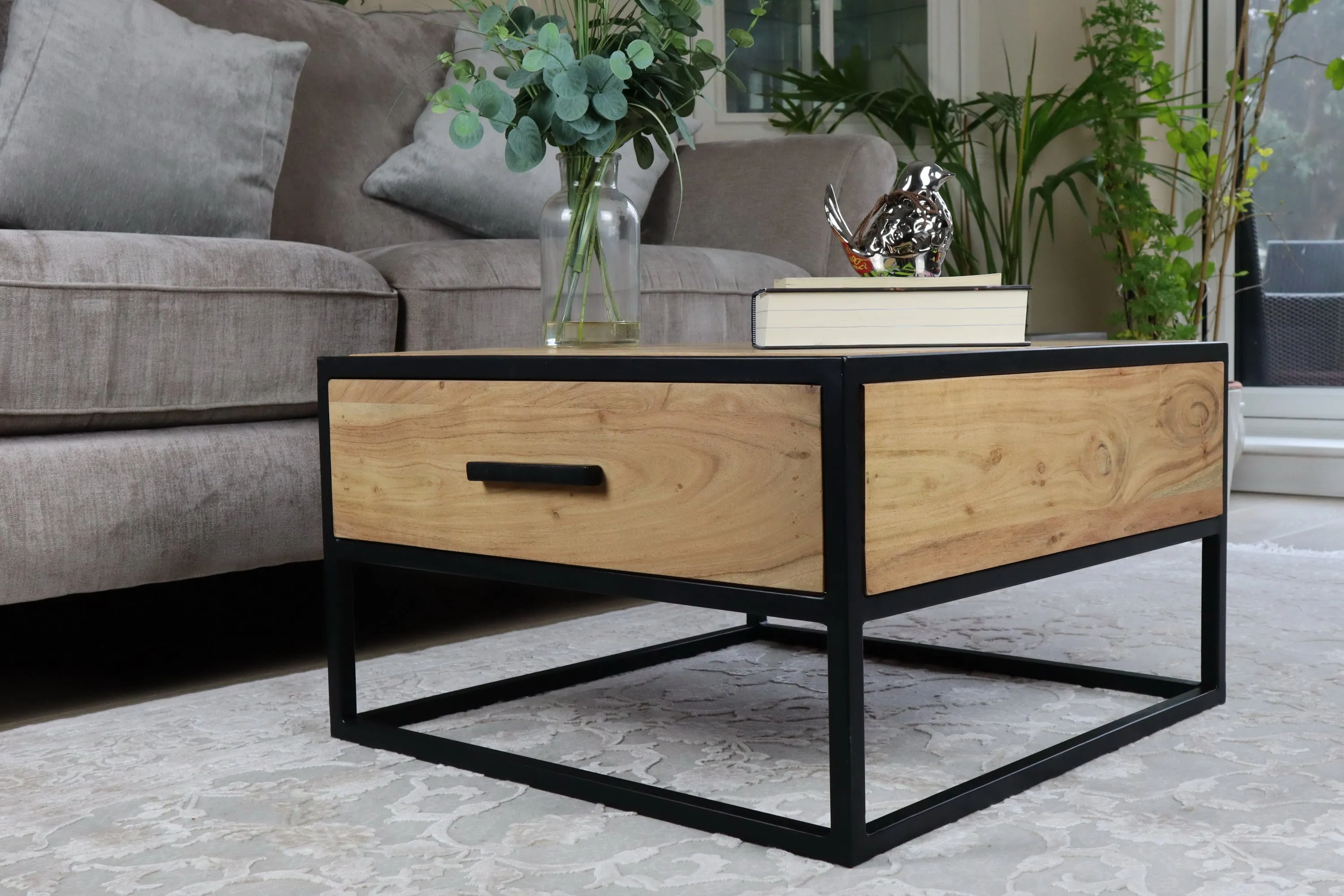 Meliai Acacia Wood Coffee Table W Drawer/Bedside Table(Natural/Black)