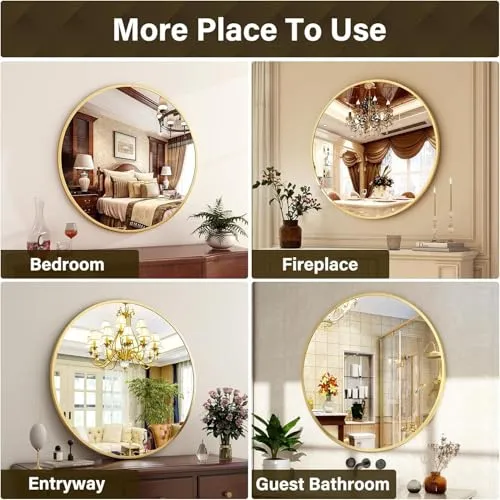 Modern Metal Framed Brushed Round Circular Wall Mirror | for Wall Decor, Vanity, Livingroom, Guestroom,Dressing, Bedroom,Office,Home,BeautyParlour,Makeup,Bathroom & Washbasin (3.Gold, 22")