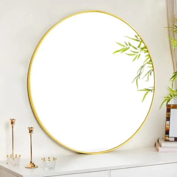 Modern Metal Framed Brushed Round Circular Wall Mirror | for Wall Decor, Vanity, Livingroom, Guestroom,Dressing, Bedroom,Office,Home,BeautyParlour,Makeup,Bathroom & Washbasin (3.Gold, 22")