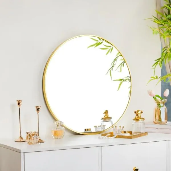 Modern Metal Framed Brushed Round Circular Wall Mirror | for Wall Decor, Vanity, Livingroom, Guestroom,Dressing, Bedroom,Office,Home,BeautyParlour,Makeup,Bathroom & Washbasin (3.Gold, 22")