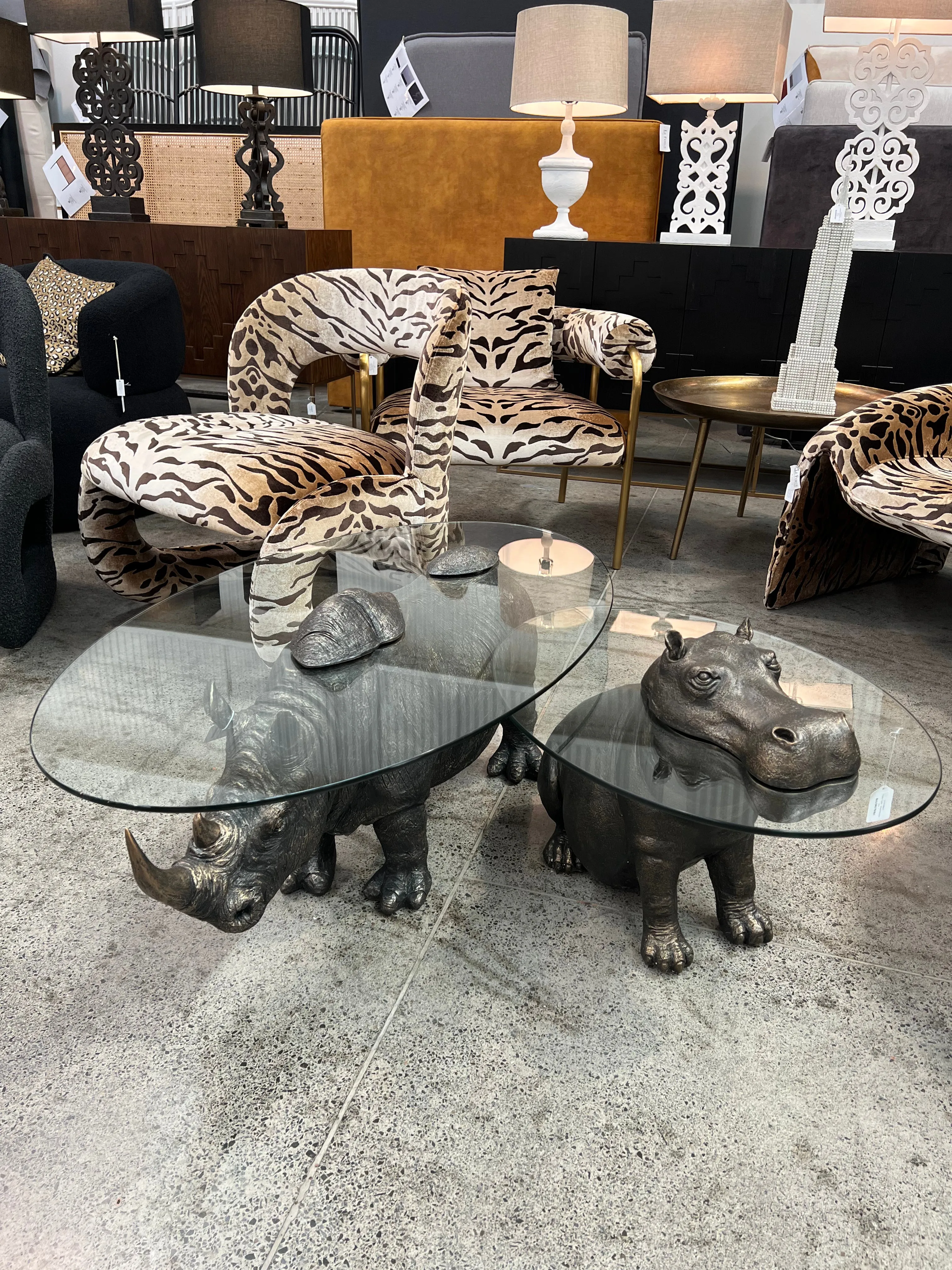 Modern Whimsical Rhino Side Table / Alcove Table With Glass Top