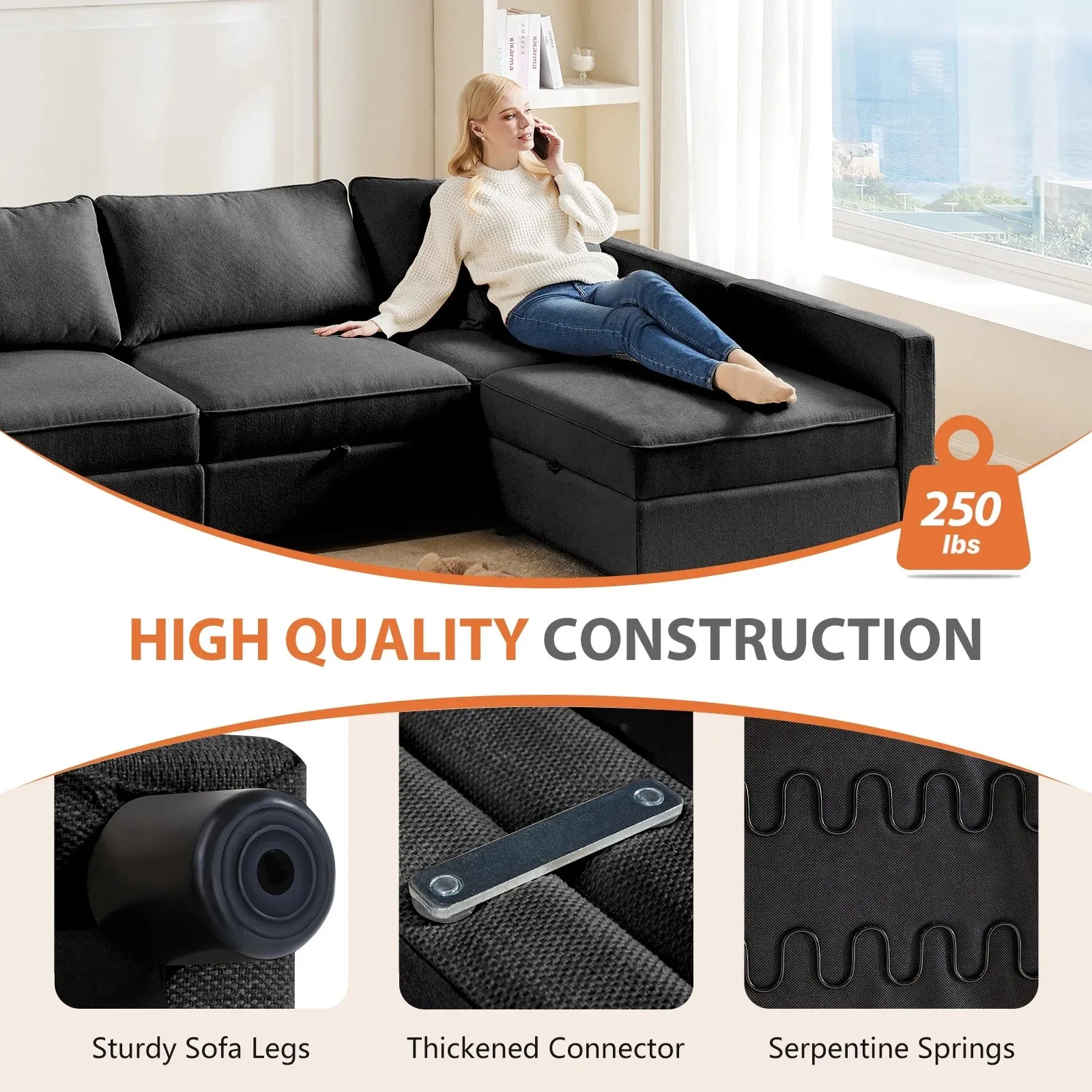 Modular Sectional Sofa, 5 Seat Convertible Oversized U Shaped Sofa Couch with Storage Ottomans, Dark Grey