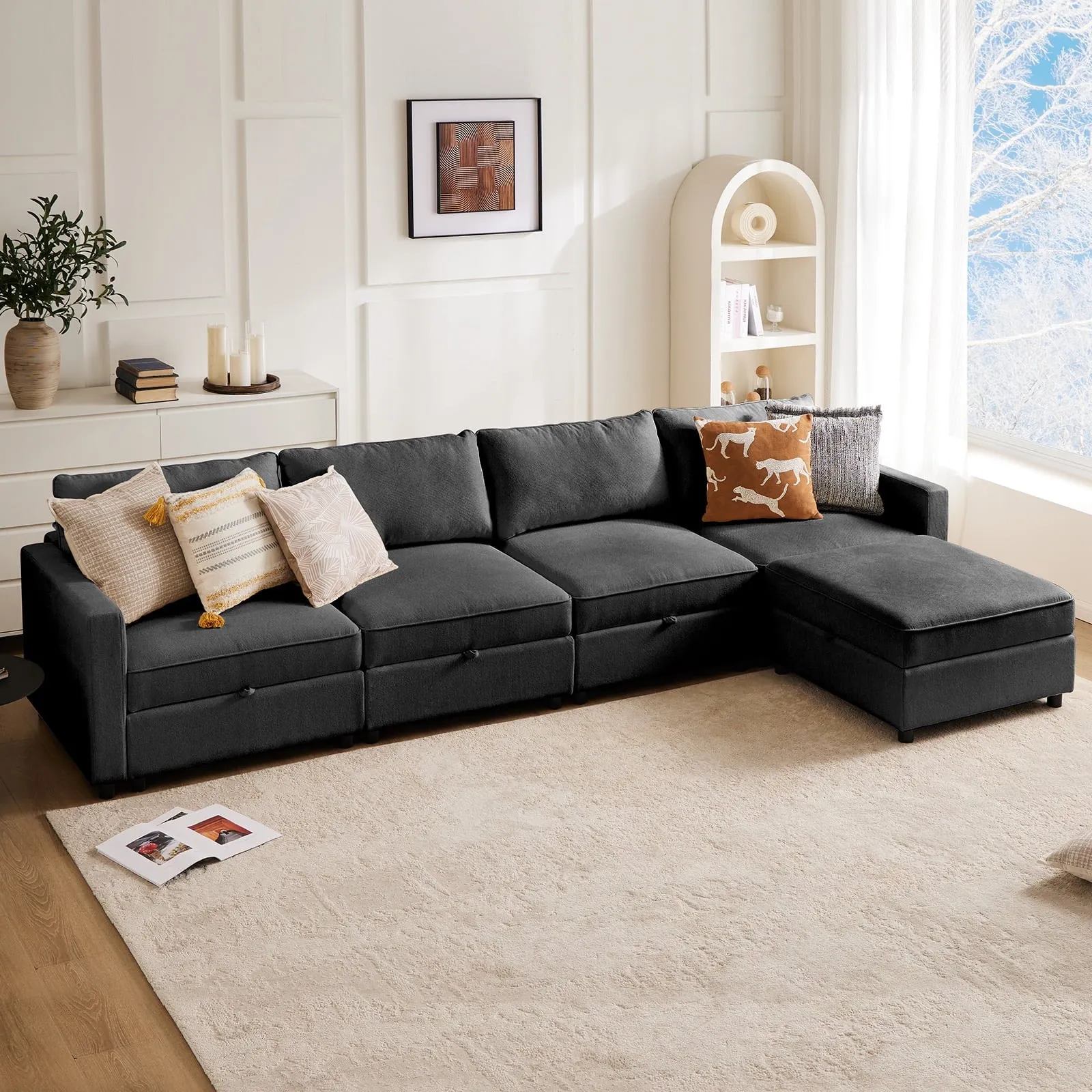 Modular Sectional Sofa, 5 Seat Convertible Oversized U Shaped Sofa Couch with Storage Ottomans, Dark Grey