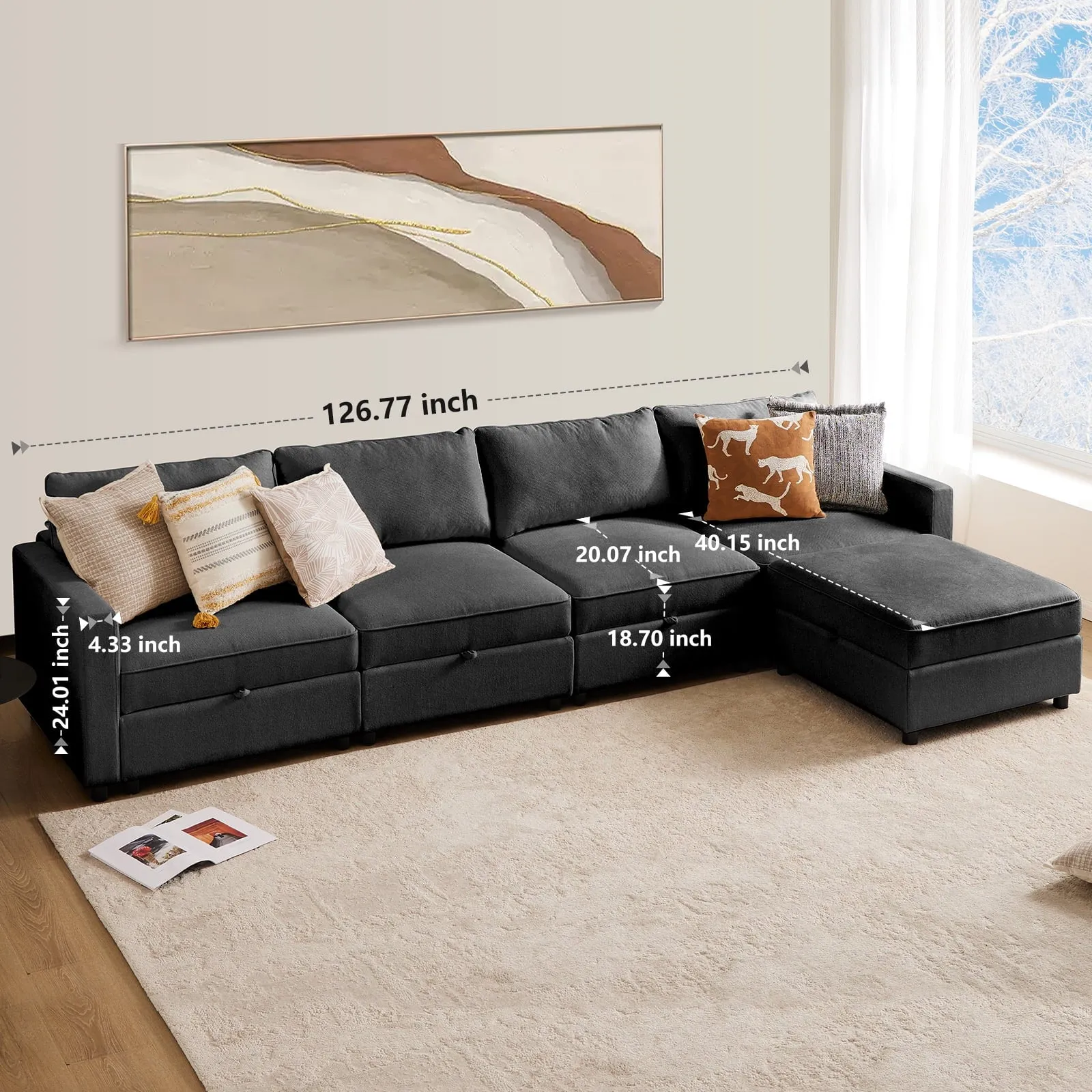 Modular Sectional Sofa, 5 Seat Convertible Oversized U Shaped Sofa Couch with Storage Ottomans, Dark Grey