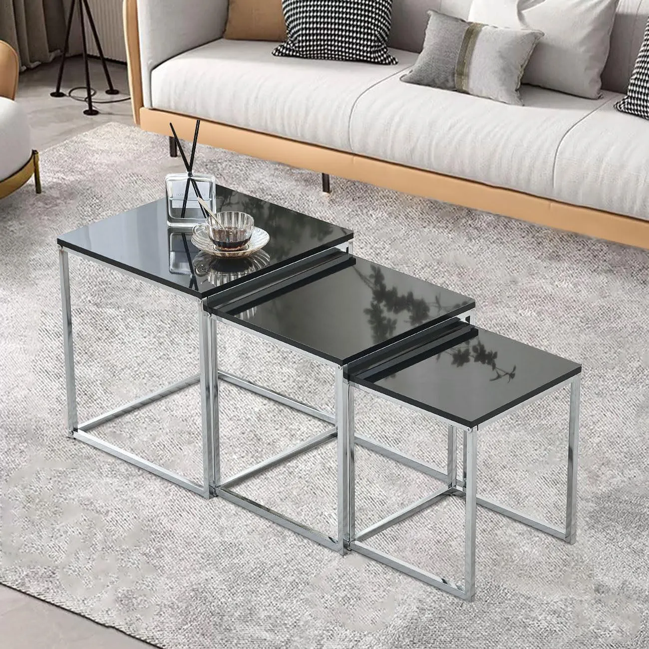 Murano Gloss Set of 3 Nesting Tables,Black