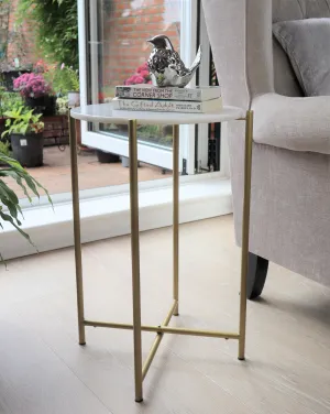 Naomi Round White Marble Side Table , Gold Legs