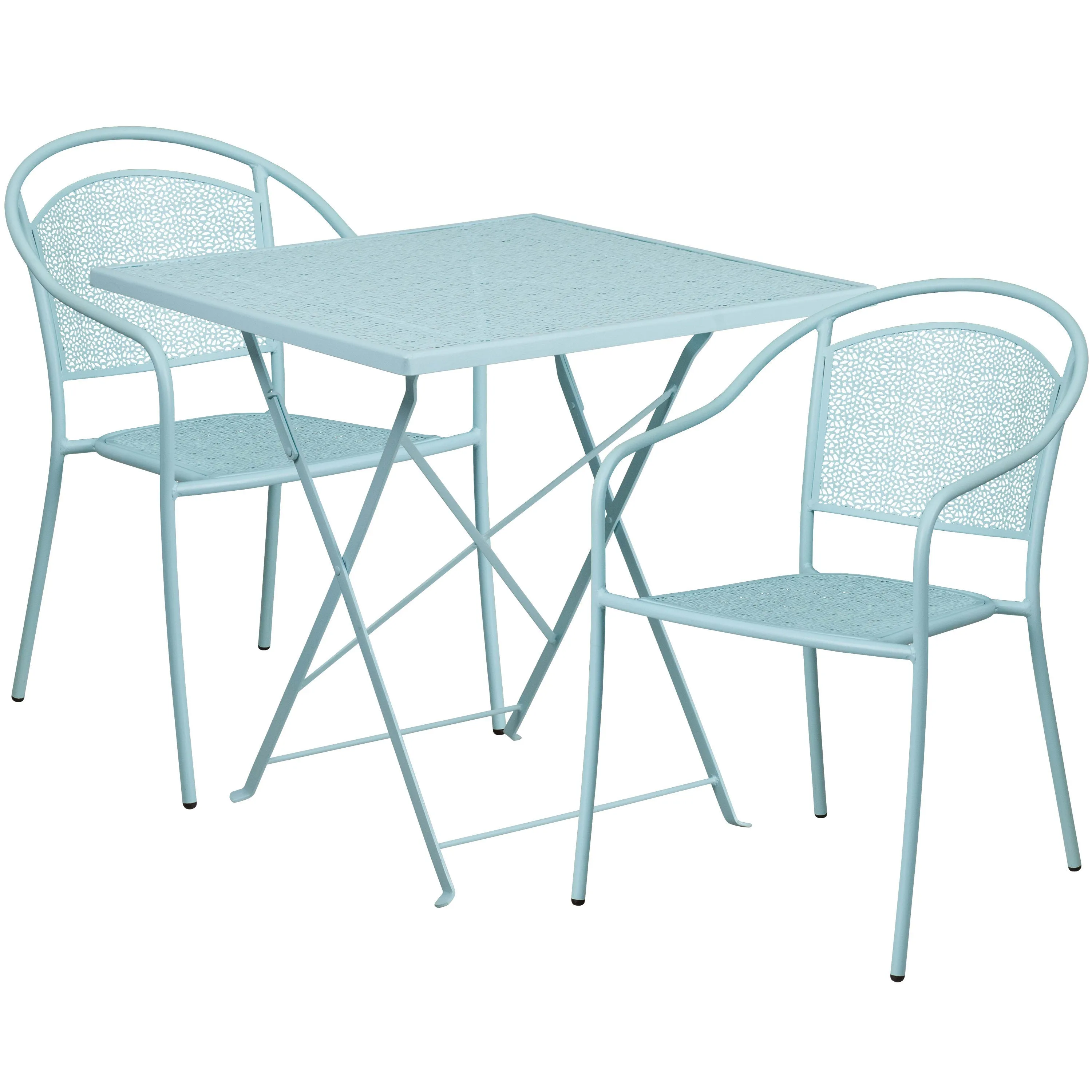 Oia Commercial Grade 28" Square Indoor-Outdoor Steel Folding Patio Table Set with 2 Round Back Chairs