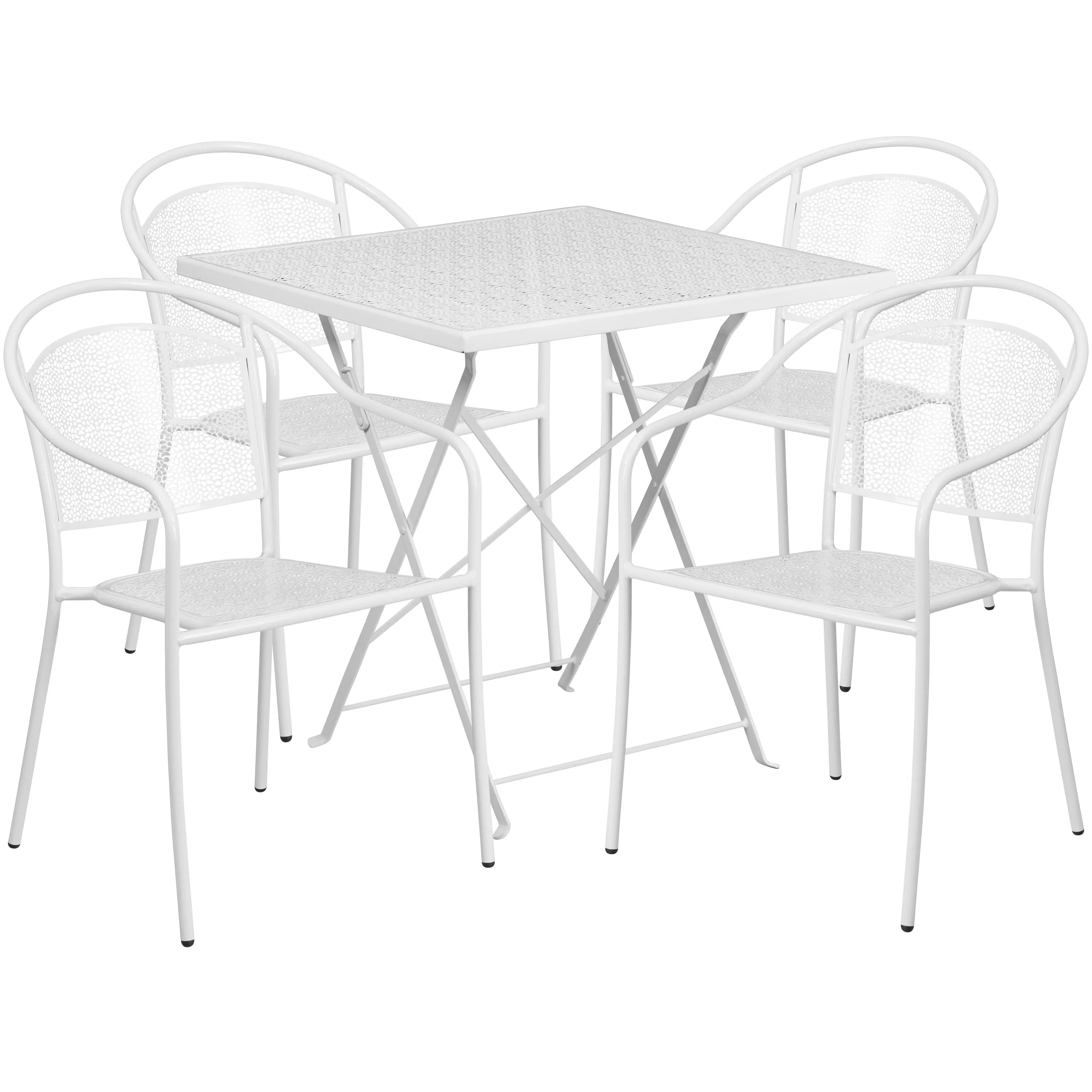 Oia Commercial Grade 28" Square Indoor-Outdoor Steel Folding Patio Table Set with 4 Round Back Chairs