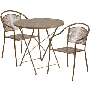 Oia Commercial Grade 30" Round Indoor-Outdoor Steel Folding Patio Table Set with 2 Round Back Chairs