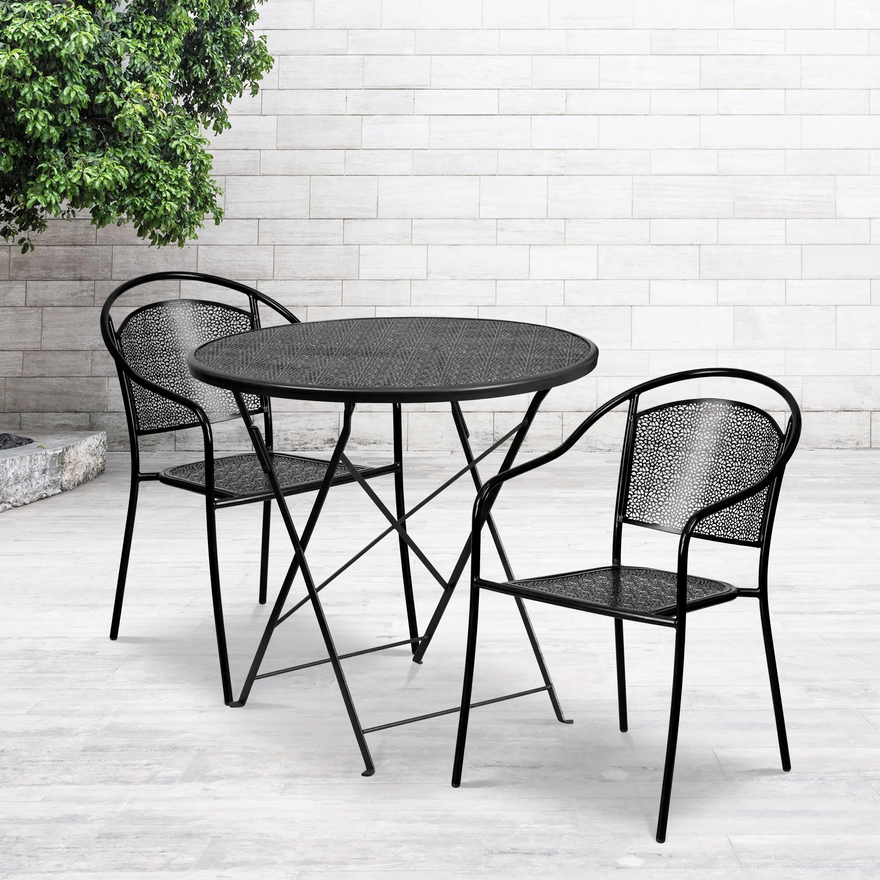 Oia Commercial Grade 30" Round Indoor-Outdoor Steel Folding Patio Table Set with 2 Round Back Chairs