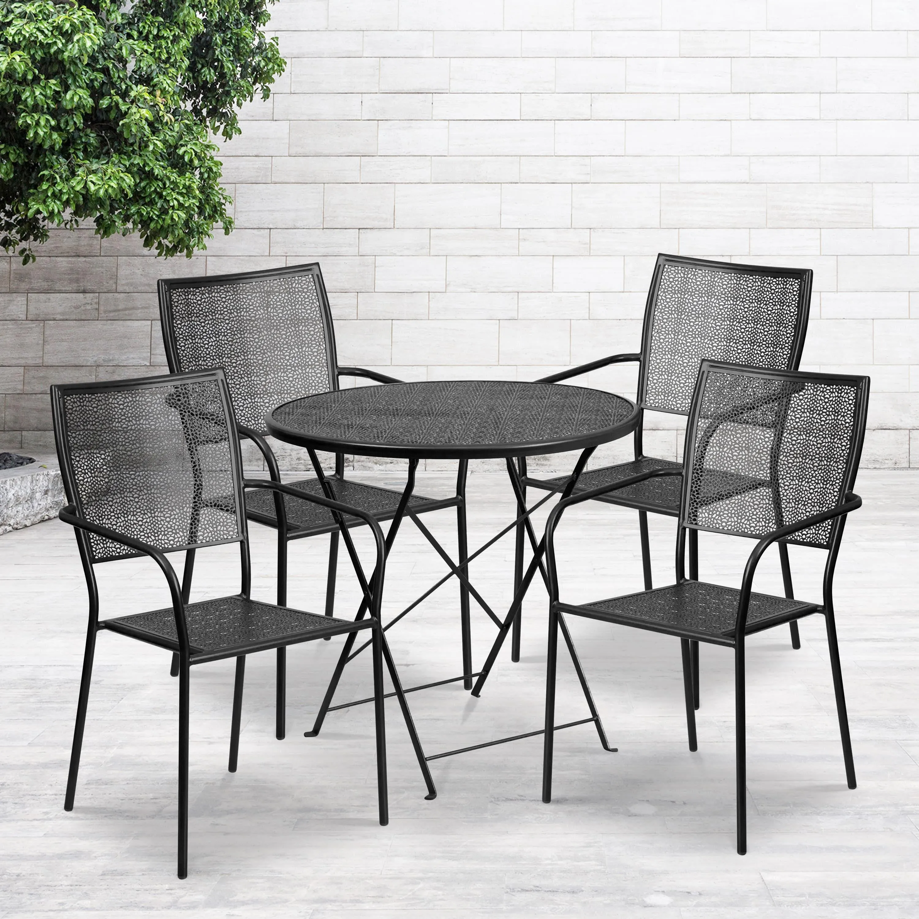 Oia Commercial Grade 30" Round Indoor-Outdoor Steel Folding Patio Table Set with 4 Square Back Chairs