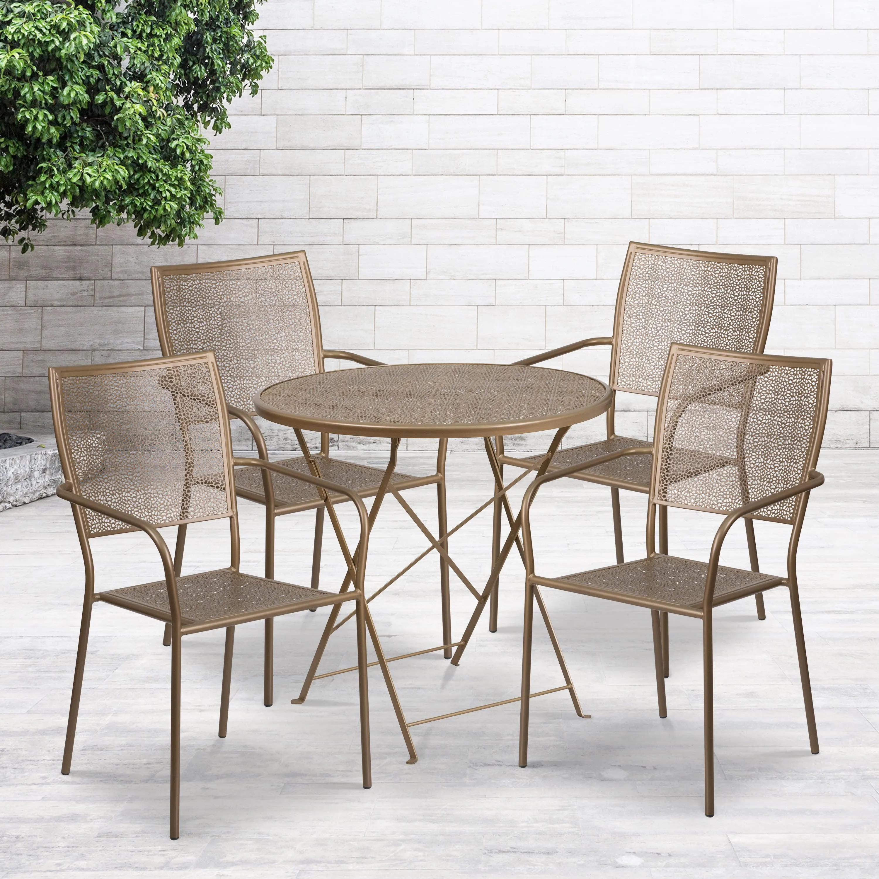 Oia Commercial Grade 30" Round Indoor-Outdoor Steel Folding Patio Table Set with 4 Square Back Chairs