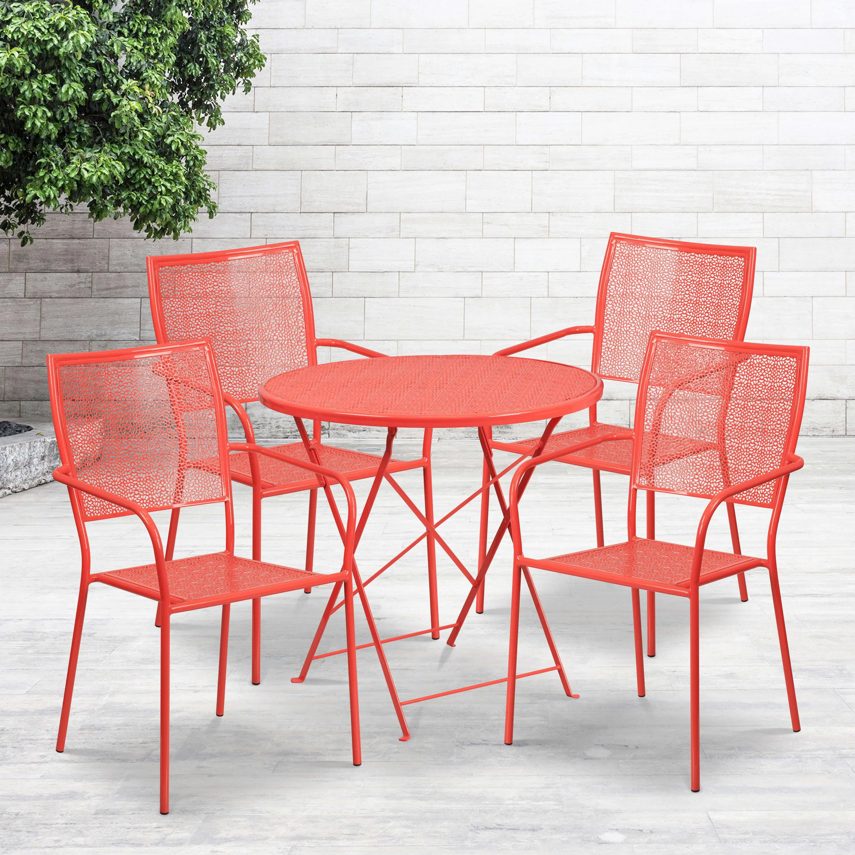 Oia Commercial Grade 30" Round Indoor-Outdoor Steel Folding Patio Table Set with 4 Square Back Chairs