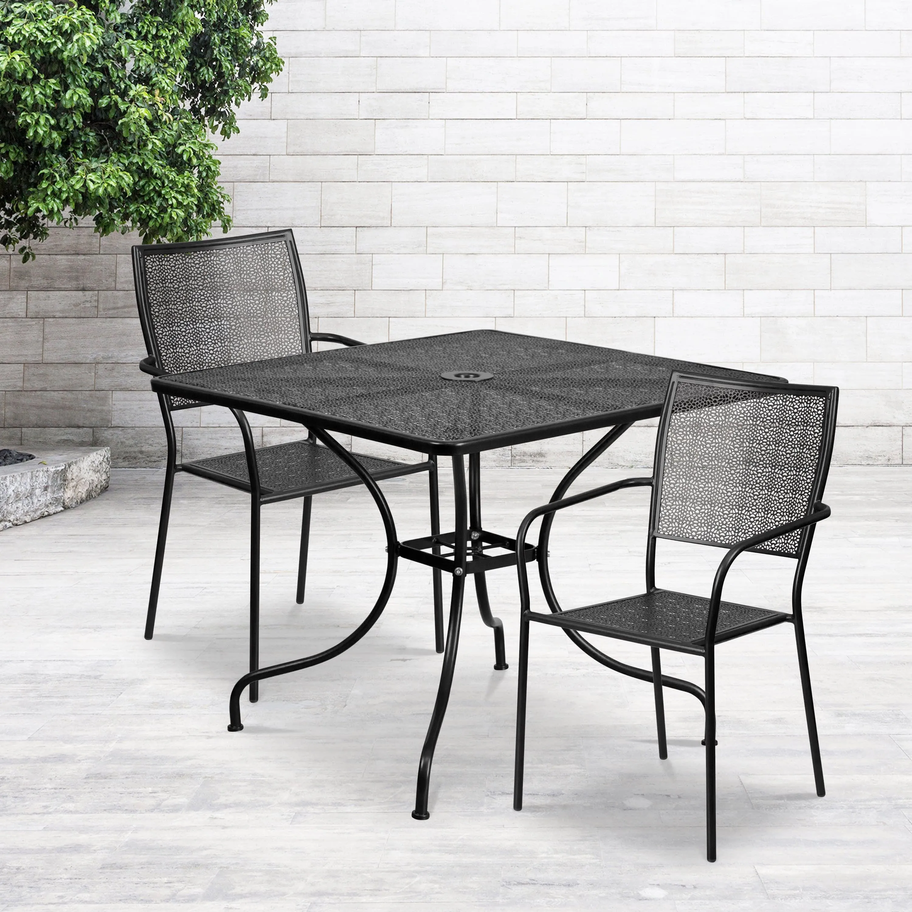 Oia Commercial Grade 35.5" Square Indoor-Outdoor Steel Patio Table Set with 2 Square Back Chairs