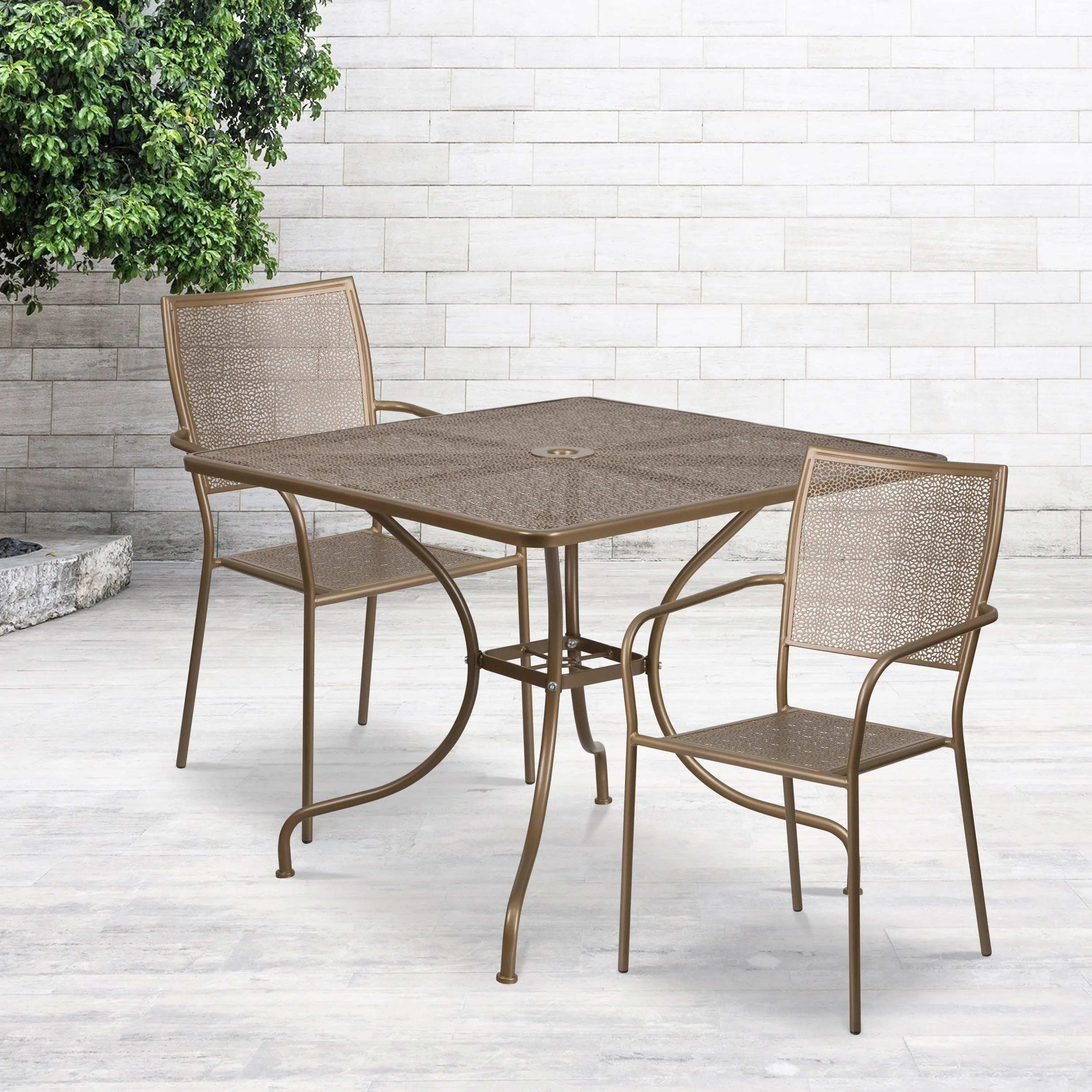 Oia Commercial Grade 35.5" Square Indoor-Outdoor Steel Patio Table Set with 2 Square Back Chairs