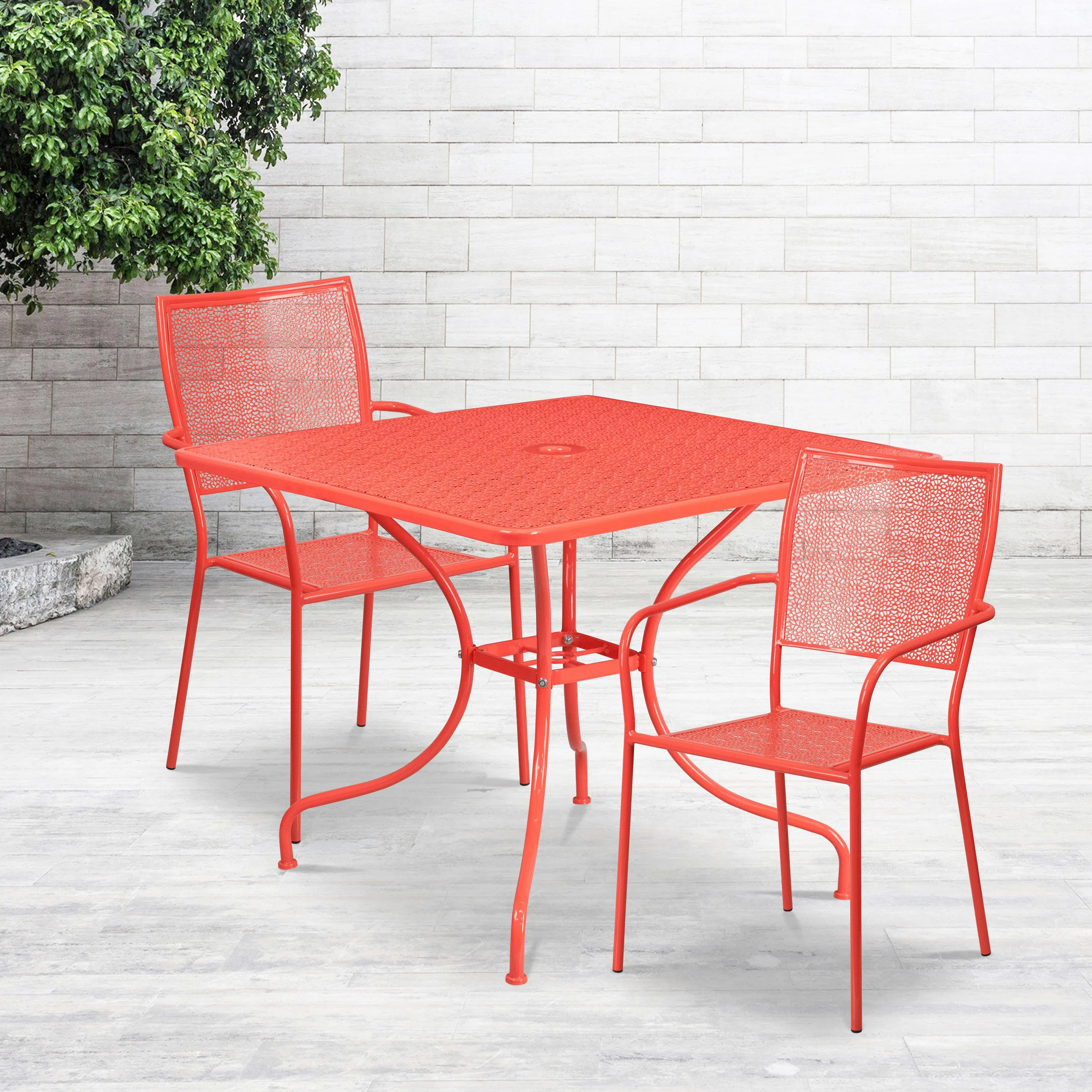 Oia Commercial Grade 35.5" Square Indoor-Outdoor Steel Patio Table Set with 2 Square Back Chairs