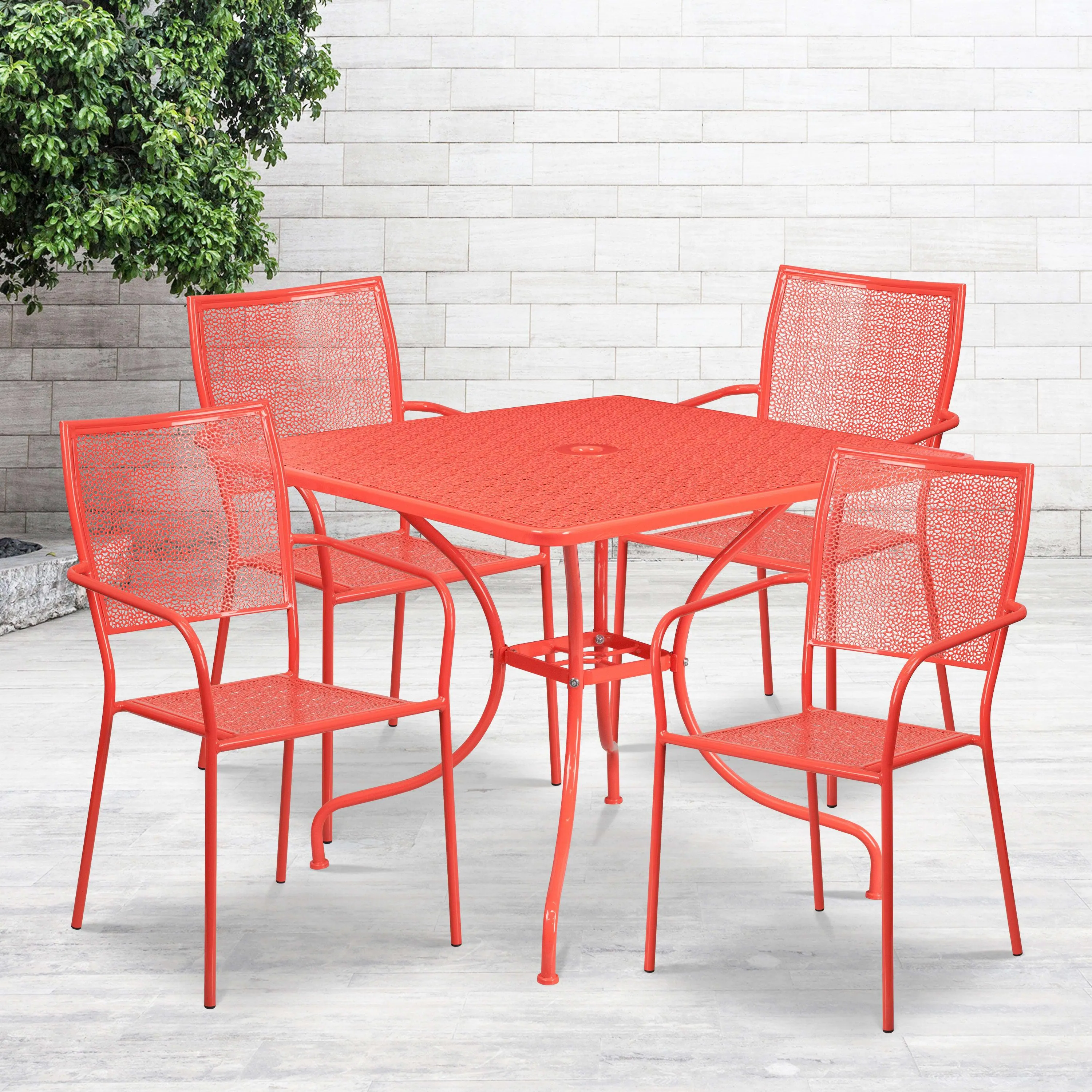 Oia Commercial Grade 35.5" Square Indoor-Outdoor Steel Patio Table Set with 4 Square Back Chairs