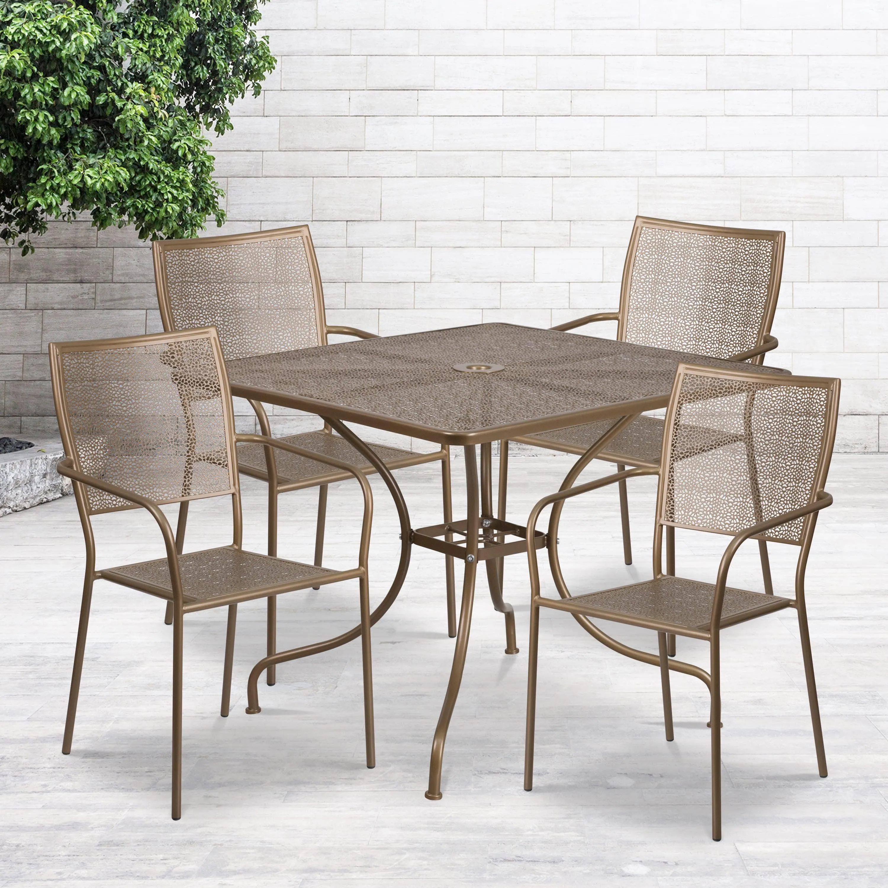 Oia Commercial Grade 35.5" Square Indoor-Outdoor Steel Patio Table Set with 4 Square Back Chairs