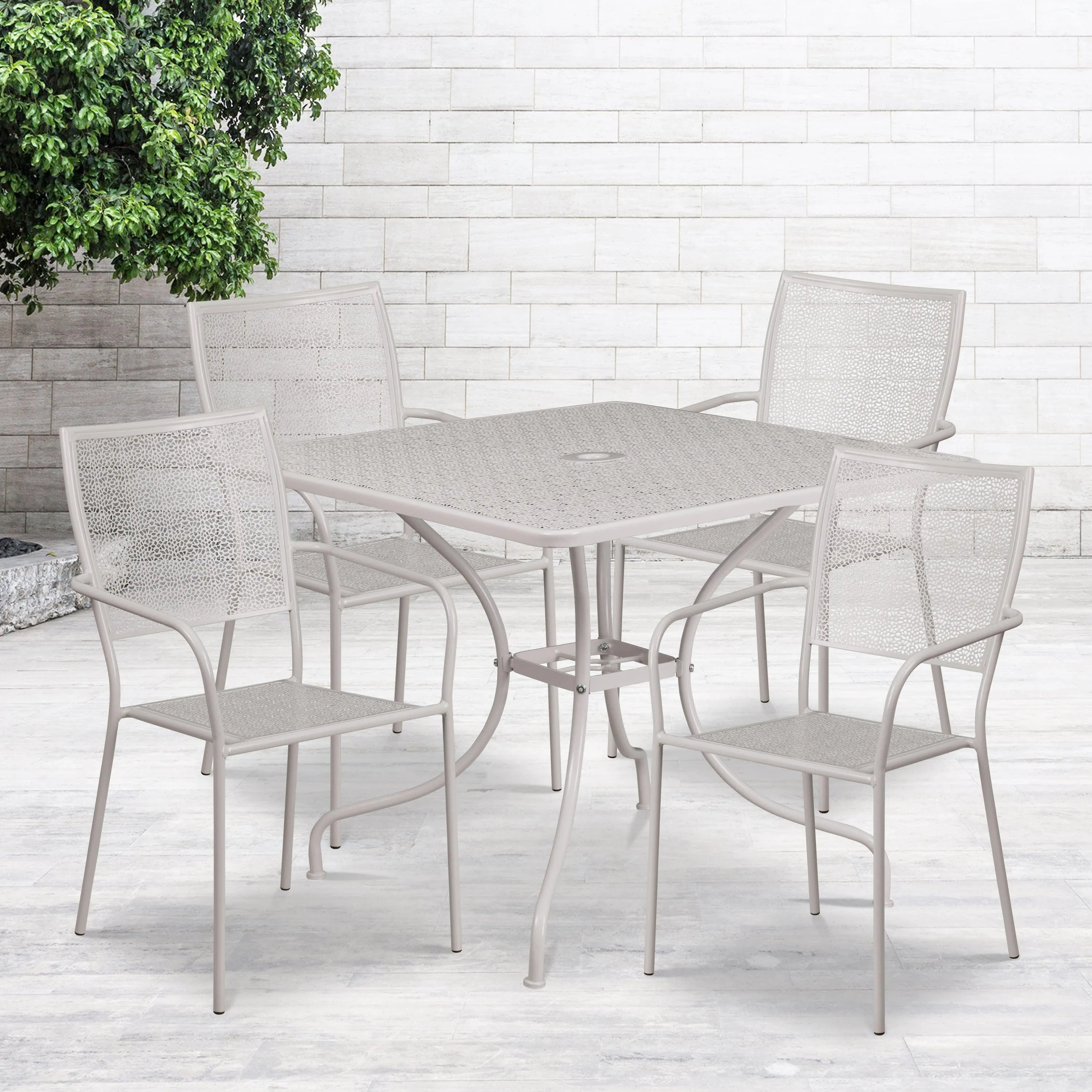 Oia Commercial Grade 35.5" Square Indoor-Outdoor Steel Patio Table Set with 4 Square Back Chairs