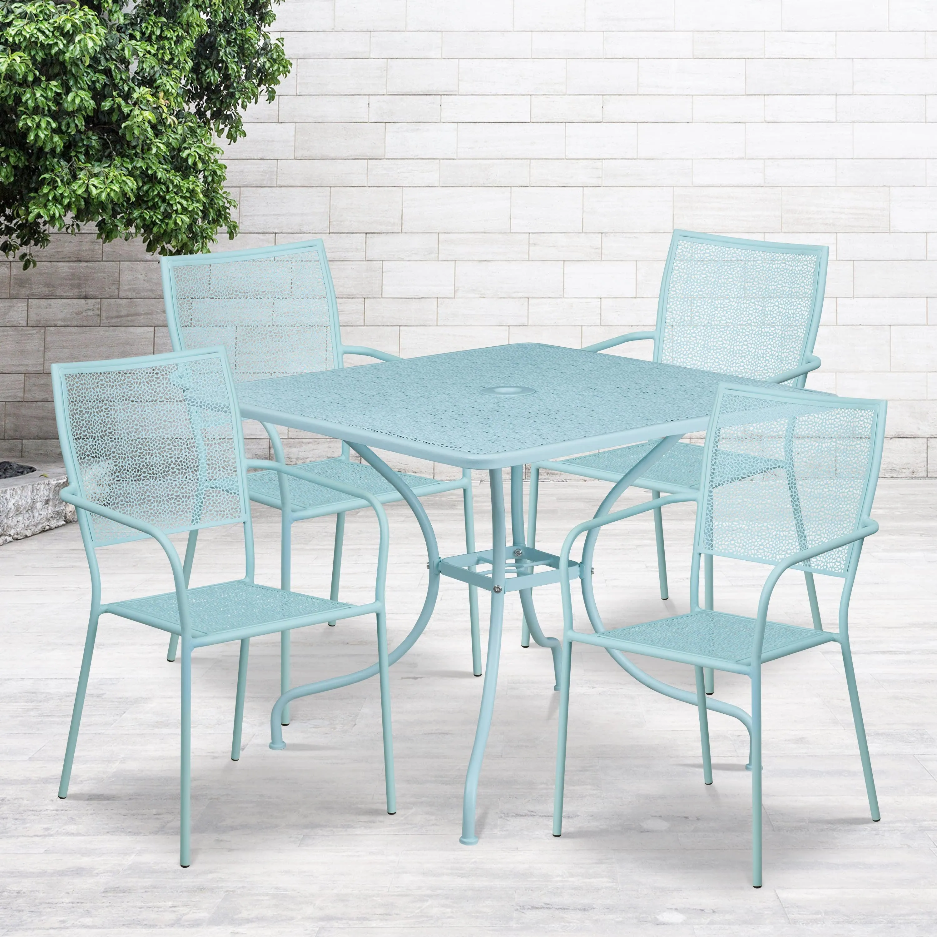 Oia Commercial Grade 35.5" Square Indoor-Outdoor Steel Patio Table Set with 4 Square Back Chairs