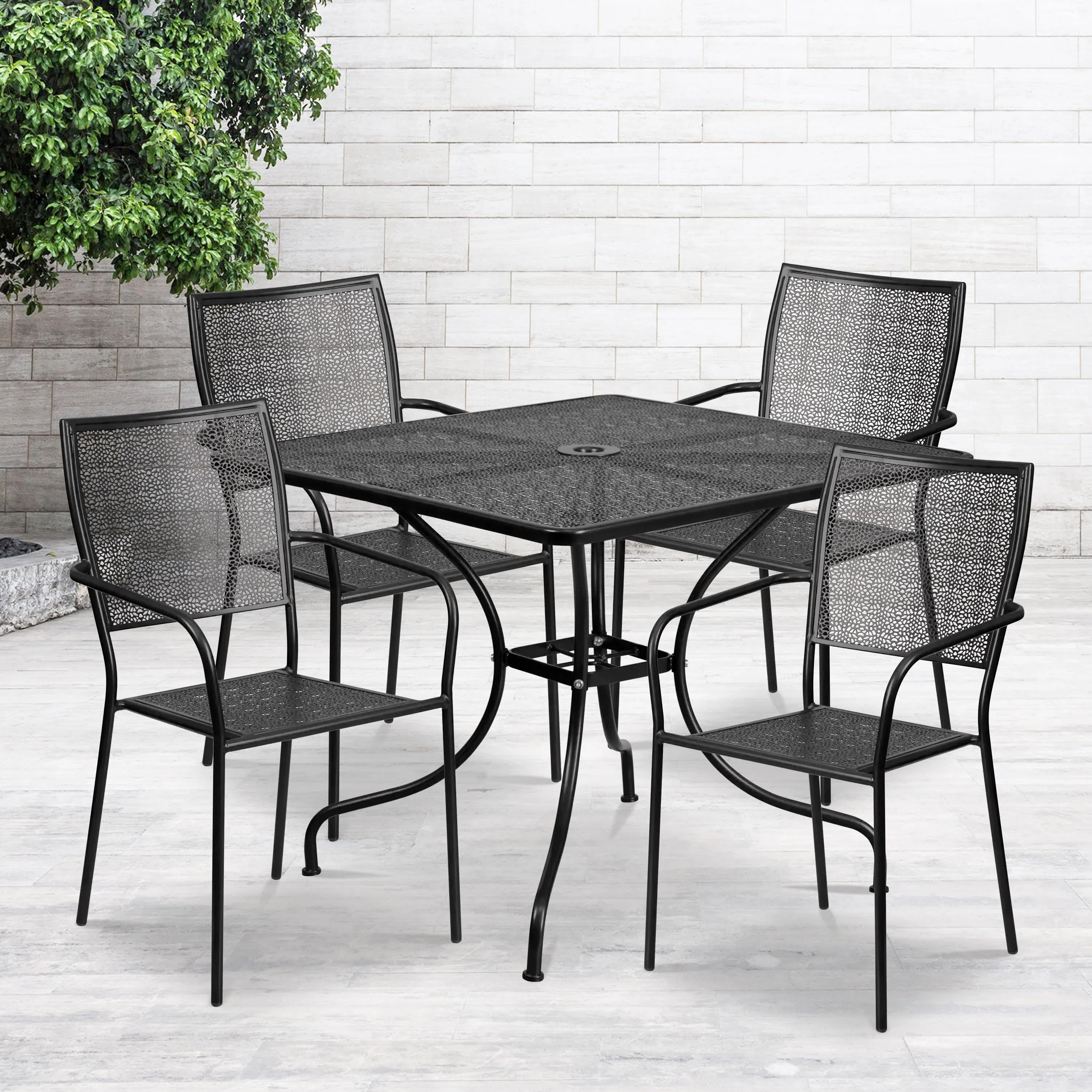 Oia Commercial Grade 35.5" Square Indoor-Outdoor Steel Patio Table Set with 4 Square Back Chairs