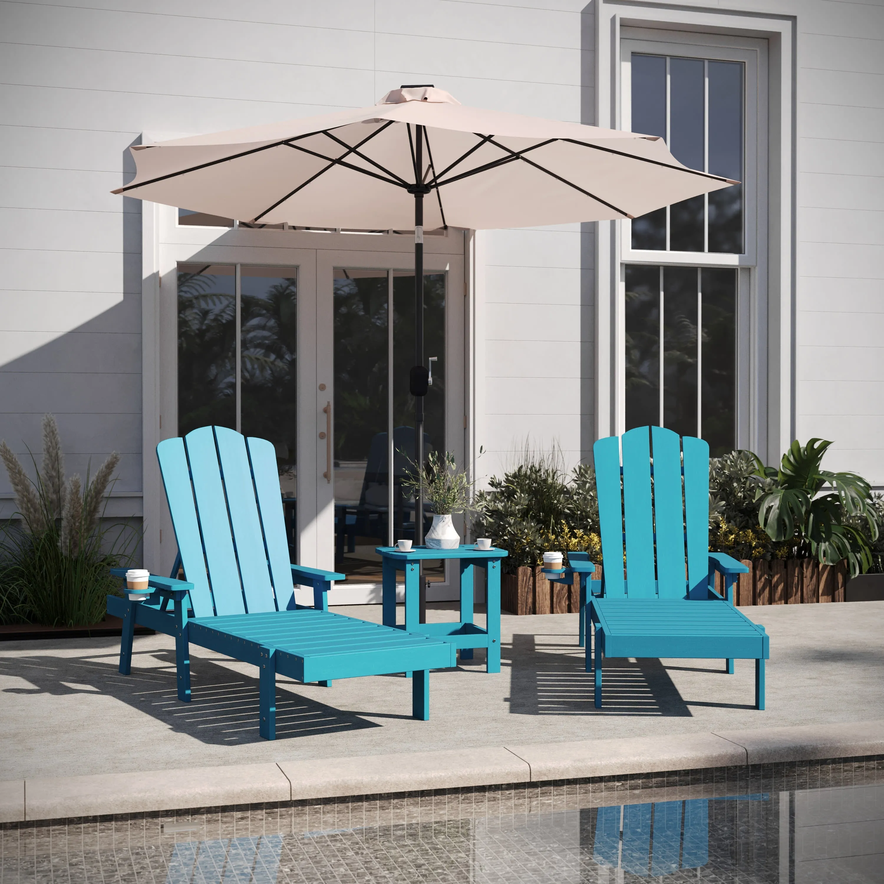 Sonora Commercial Grade 3 Piece Indoor/Outdoor Adirondack Set with 2 Adjustable HDPE Loungers with Cup Holders and 2-Tier Side Table