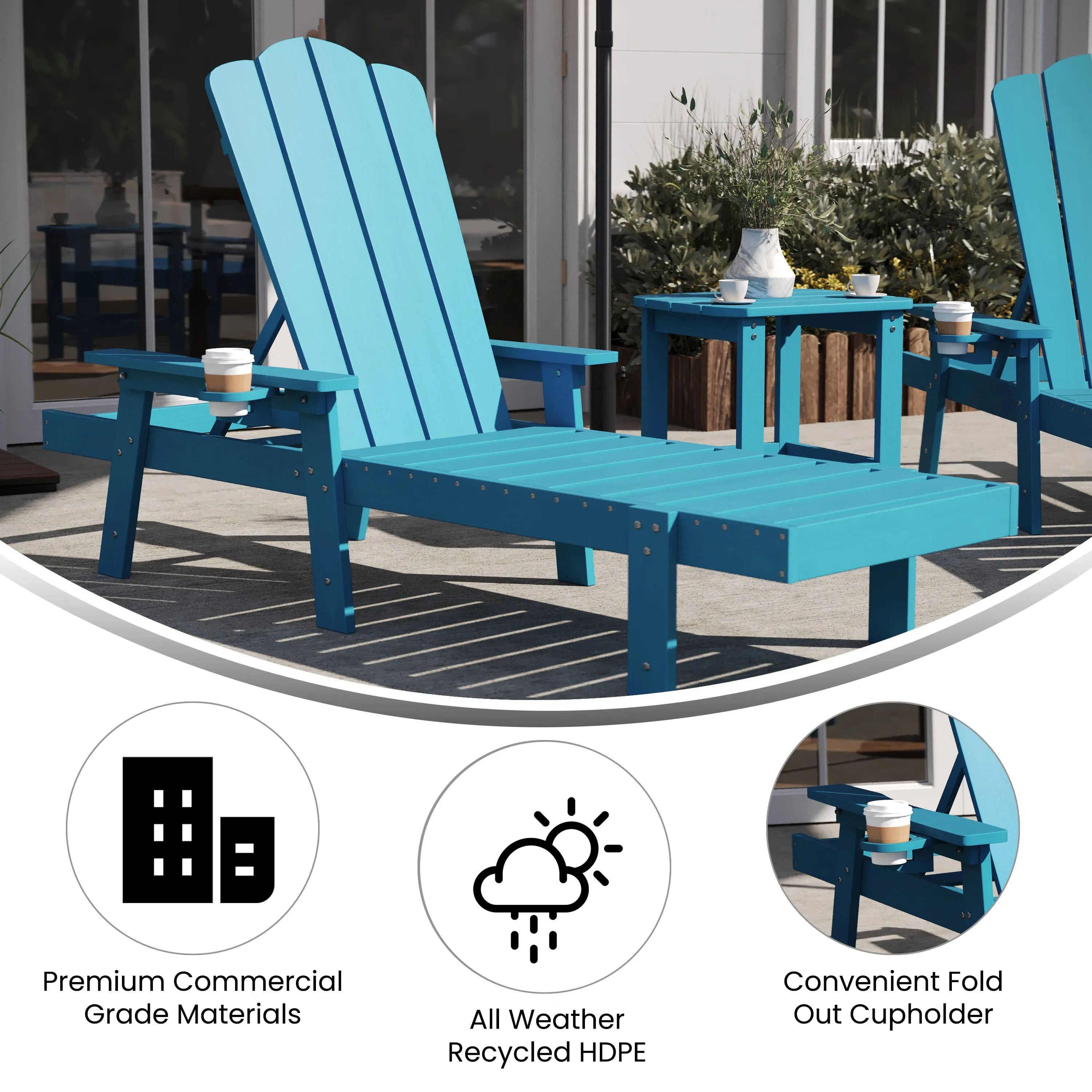 Sonora Commercial Grade 3 Piece Indoor/Outdoor Adirondack Set with 2 Adjustable HDPE Loungers with Cup Holders and 2-Tier Side Table