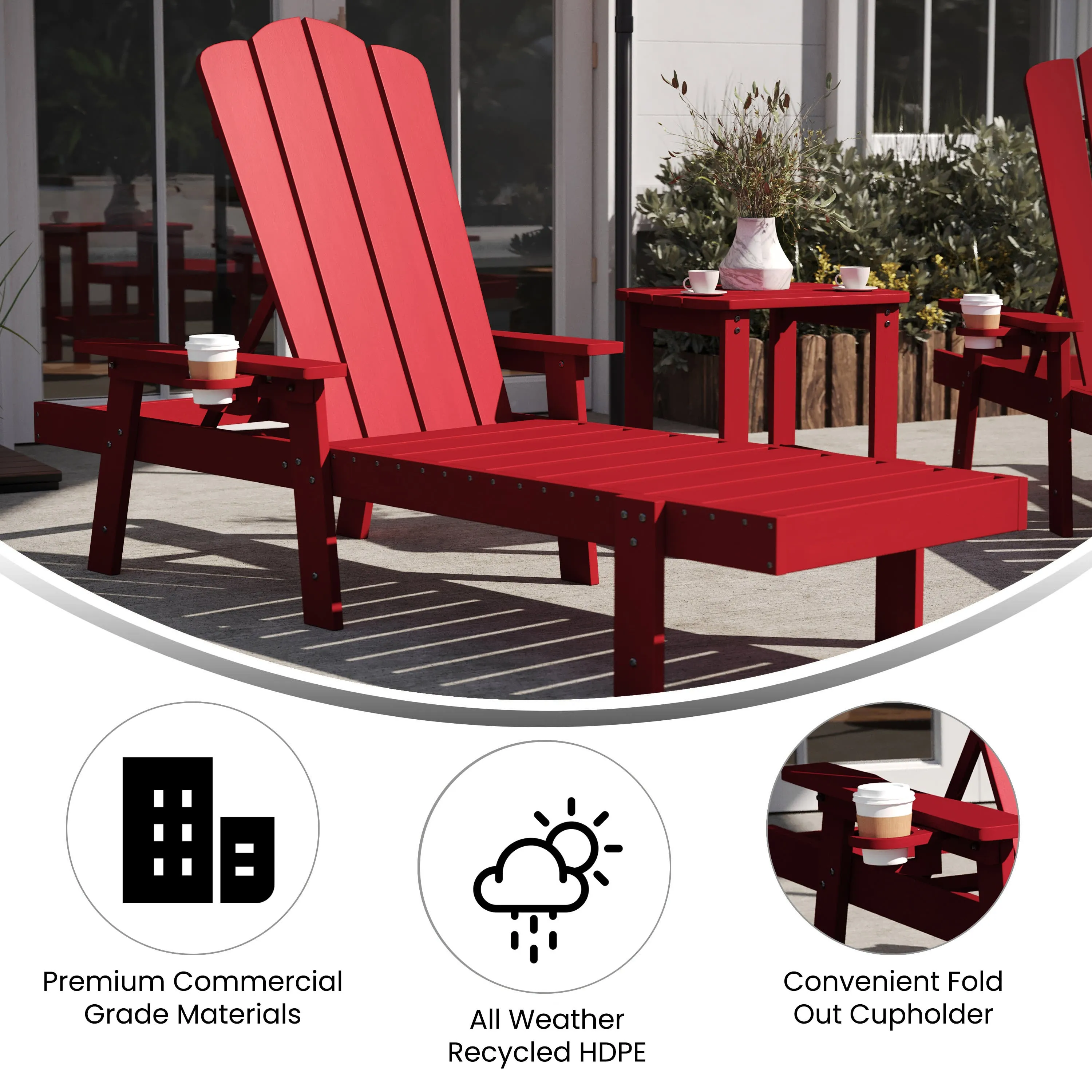 Sonora Commercial Grade 3 Piece Indoor/Outdoor Adirondack Set with 2 Adjustable HDPE Loungers with Cup Holders and 2-Tier Side Table