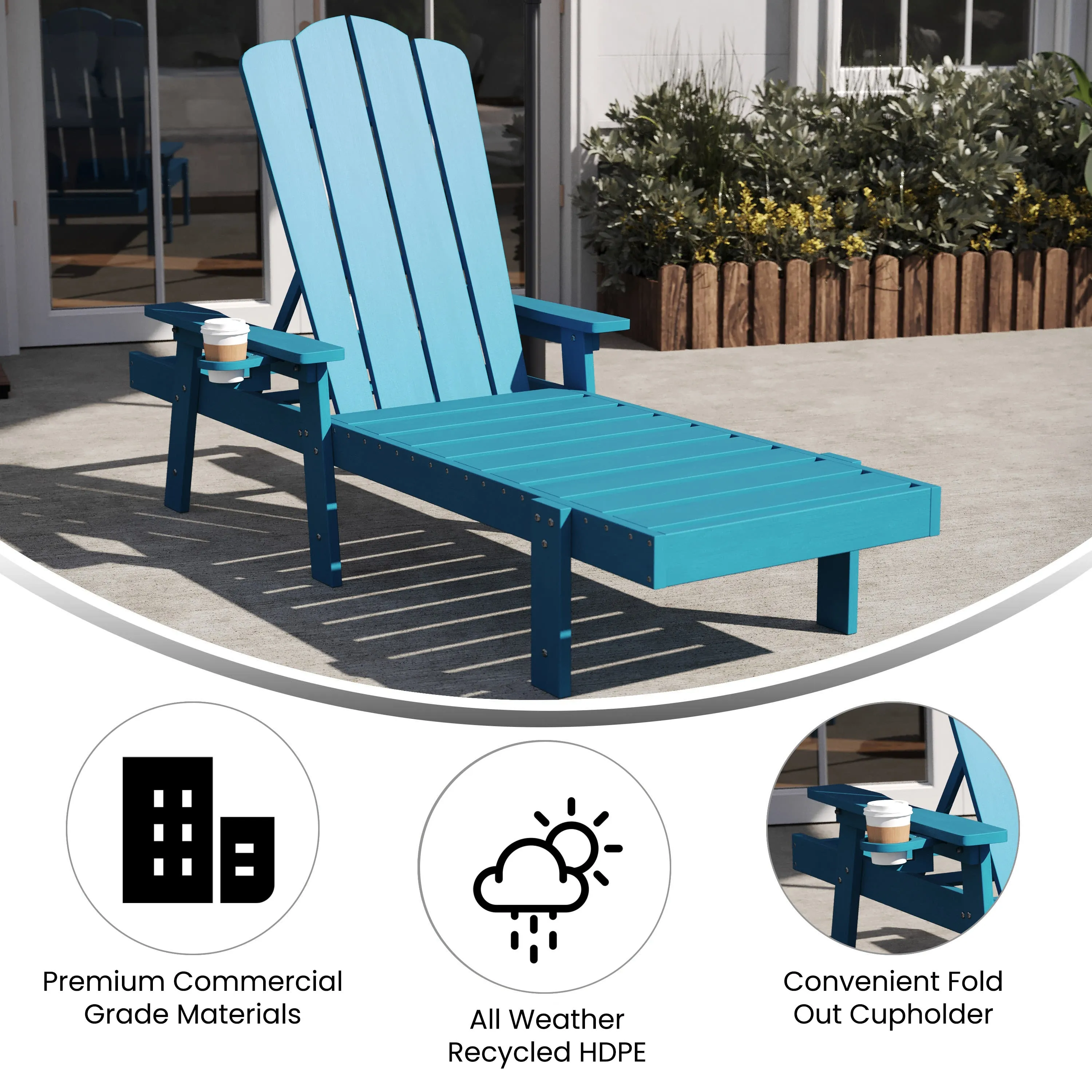 Sonora Commercial Grade Adjustable Adirondack Lounger with Cupholder, All-Weather Indoor/Outdoor Recycled HDPE Lounge Chair