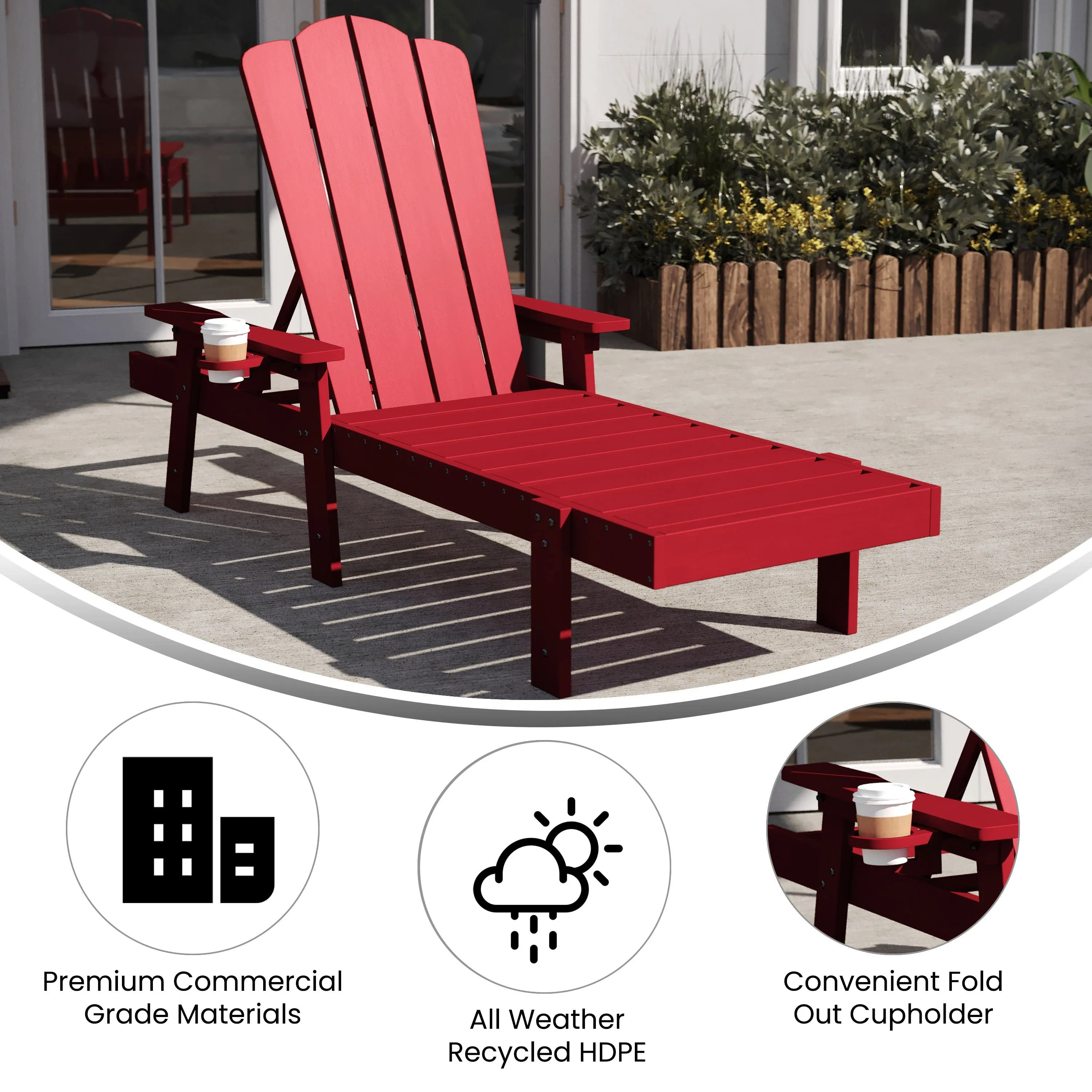 Sonora Commercial Grade Adjustable Adirondack Lounger with Cupholder, All-Weather Indoor/Outdoor Recycled HDPE Lounge Chair