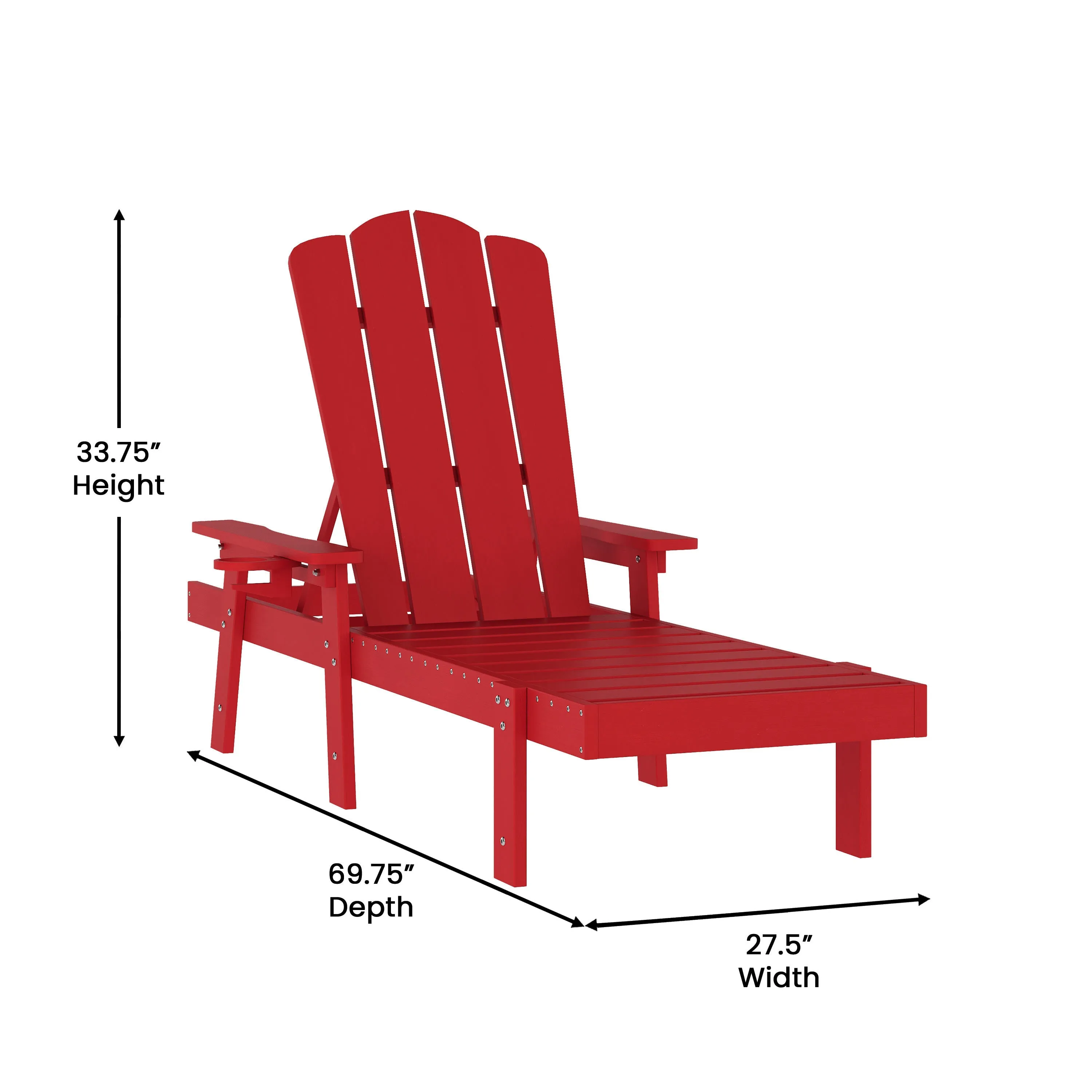 Sonora Commercial Grade Adjustable Adirondack Lounger with Cupholder, All-Weather Indoor/Outdoor Recycled HDPE Lounge Chair