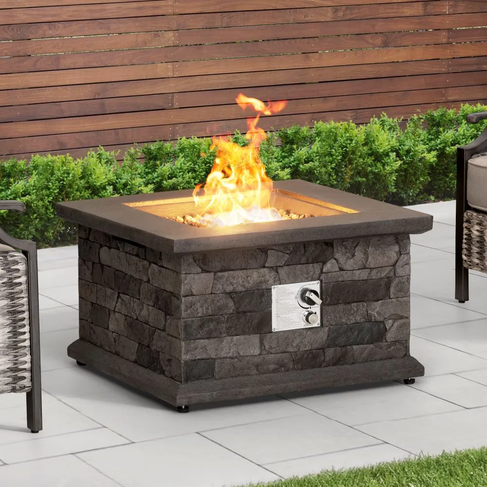 SUNJOY 28 Inch Smokeless Firepit Outdoor Propane Gas Slate Square LP Fire Pit Table with Propane Tank Bracket and Lava Rocks