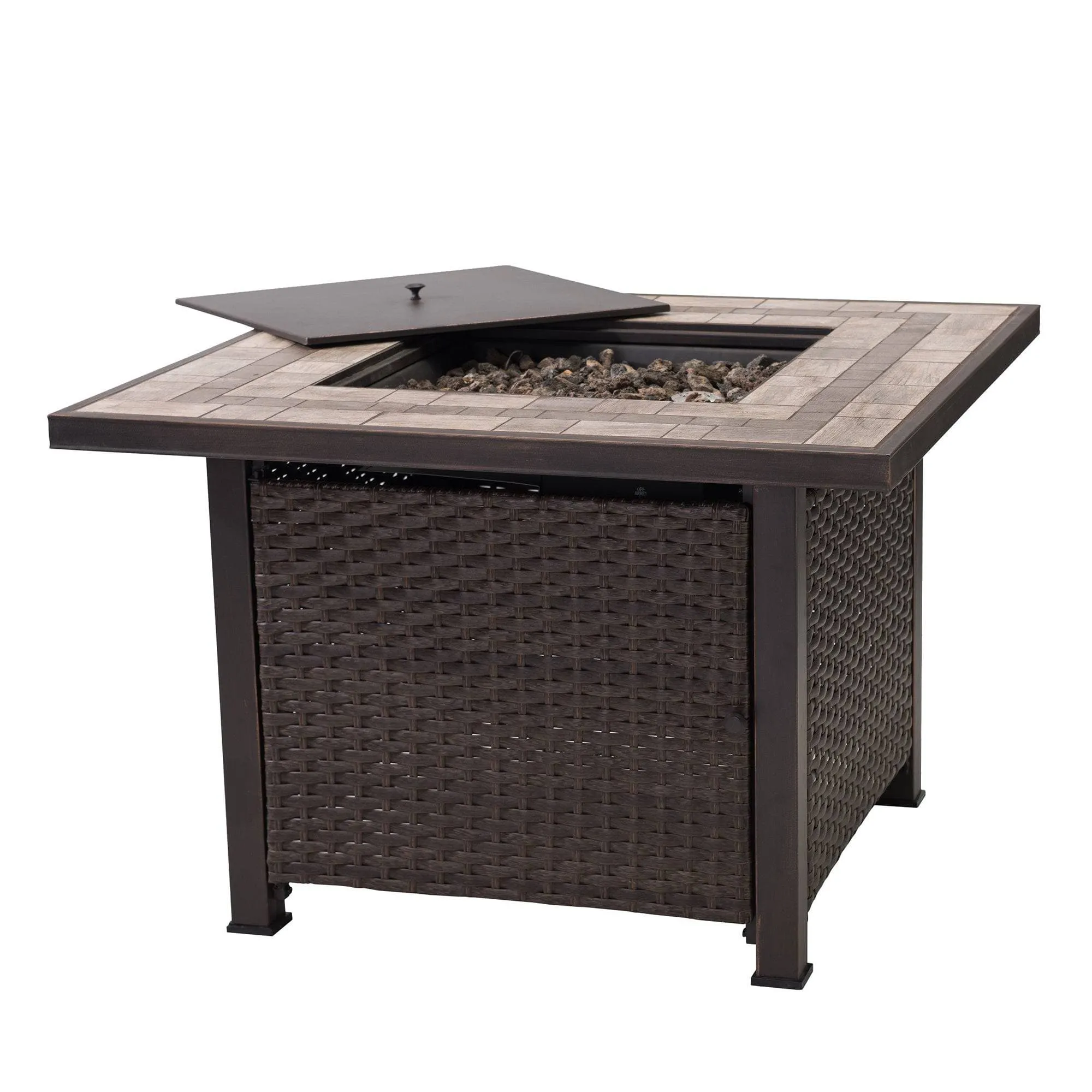 SUNJOY 38 Inch Smokeless Fire Pit Outdoor Square Propane Gas Fire Pit Table Hidden Propane Tank Fire Pits with Ceramic Tile Tabletop and Lava Rocks