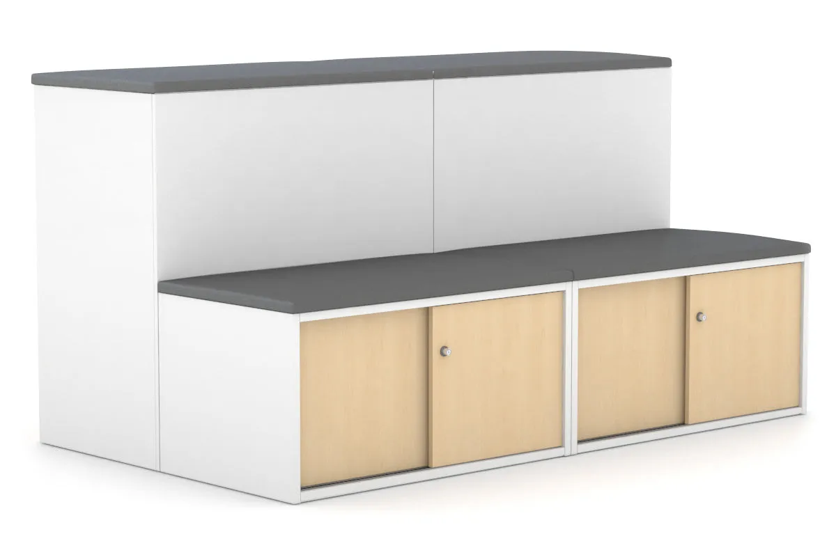 Uniform Activity Module - Med Sliding 4 Door Credenza with Low Sliding 4 Door Credenza - Seat Cushion [White Handle]